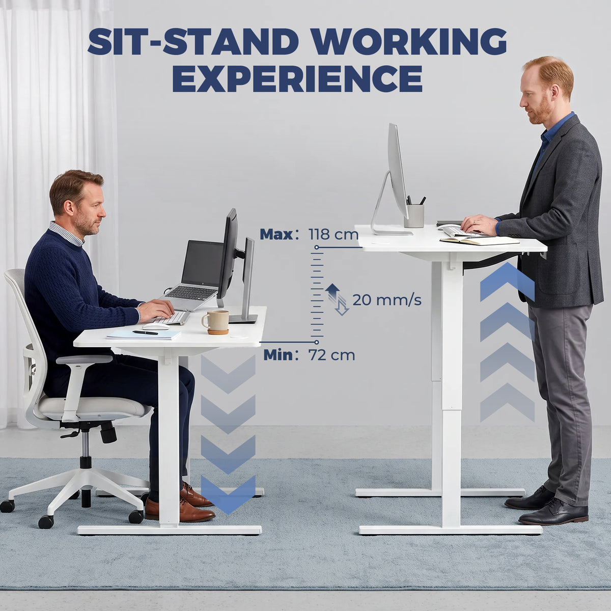 Electric Standing Desk Height Adjustable 120 x 60cm, Sit Stand Desk with 3 Memory Presets, Quiet Home Office Computer Desk with LED Display, Cable Holes & Hooks for Bedroom, Home Office, White