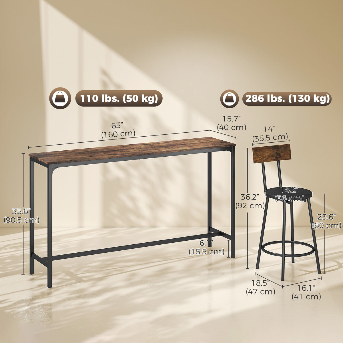4 Piece Counter Height Bar Table Set, Kitchen Dining Table with 3 Upholstered Stools, Footrests, Space-Saving Pub Table & Chairs for Dining Room,  Living Room, Rustic Brown