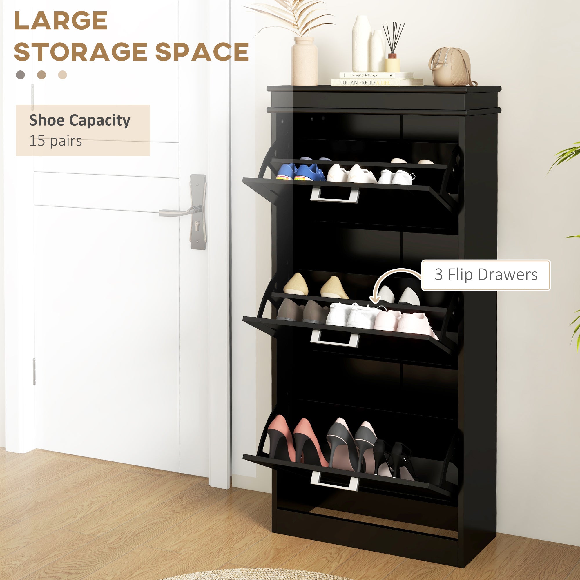 Modern Shoe Storage Cabinet with 3 Flip Drawers for 15 Pairs, Narrow Shoe Organizer for Entryway, Hallway, Black