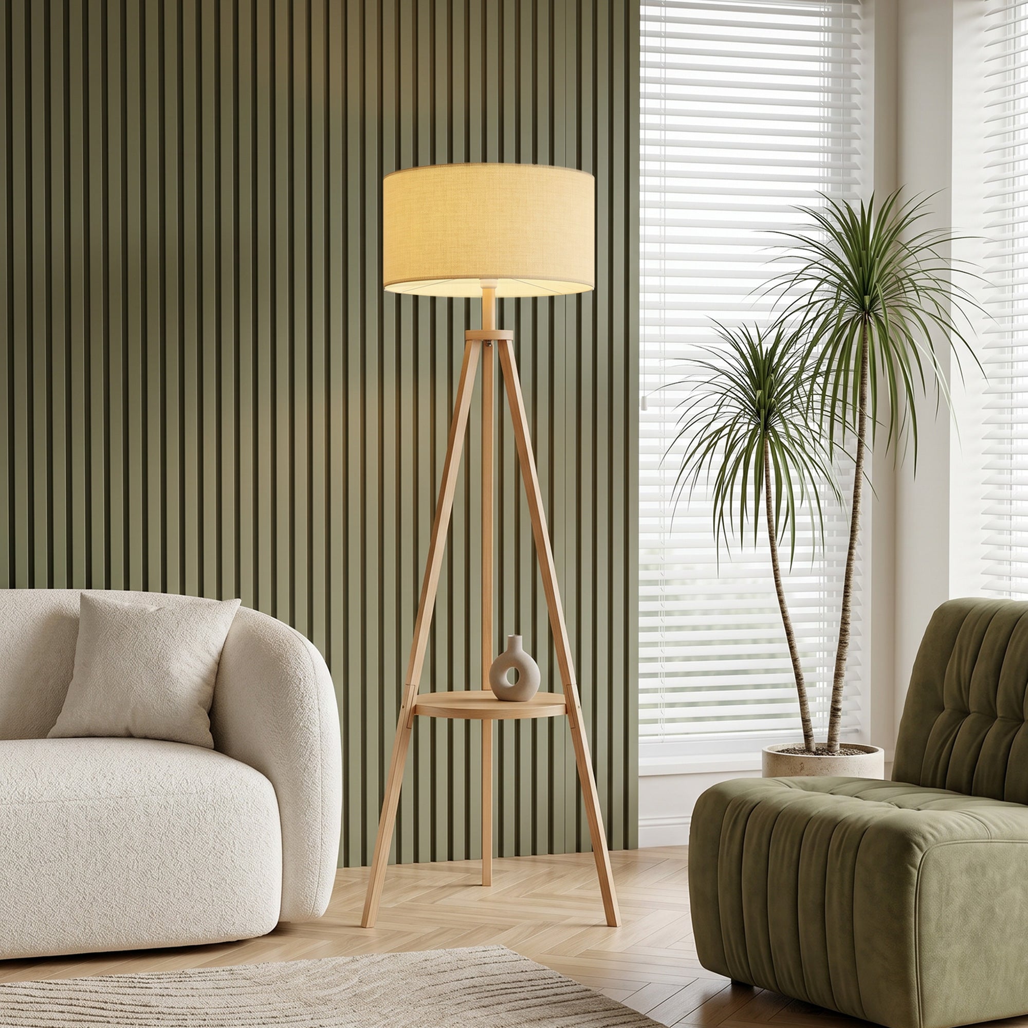 Tripod Floor Lamp, Freestanding Bedside Reading Light with Storage Shelf and Linen-Look Shade for Living Room and Bedroom, 160 cm, Natural Wood Colour