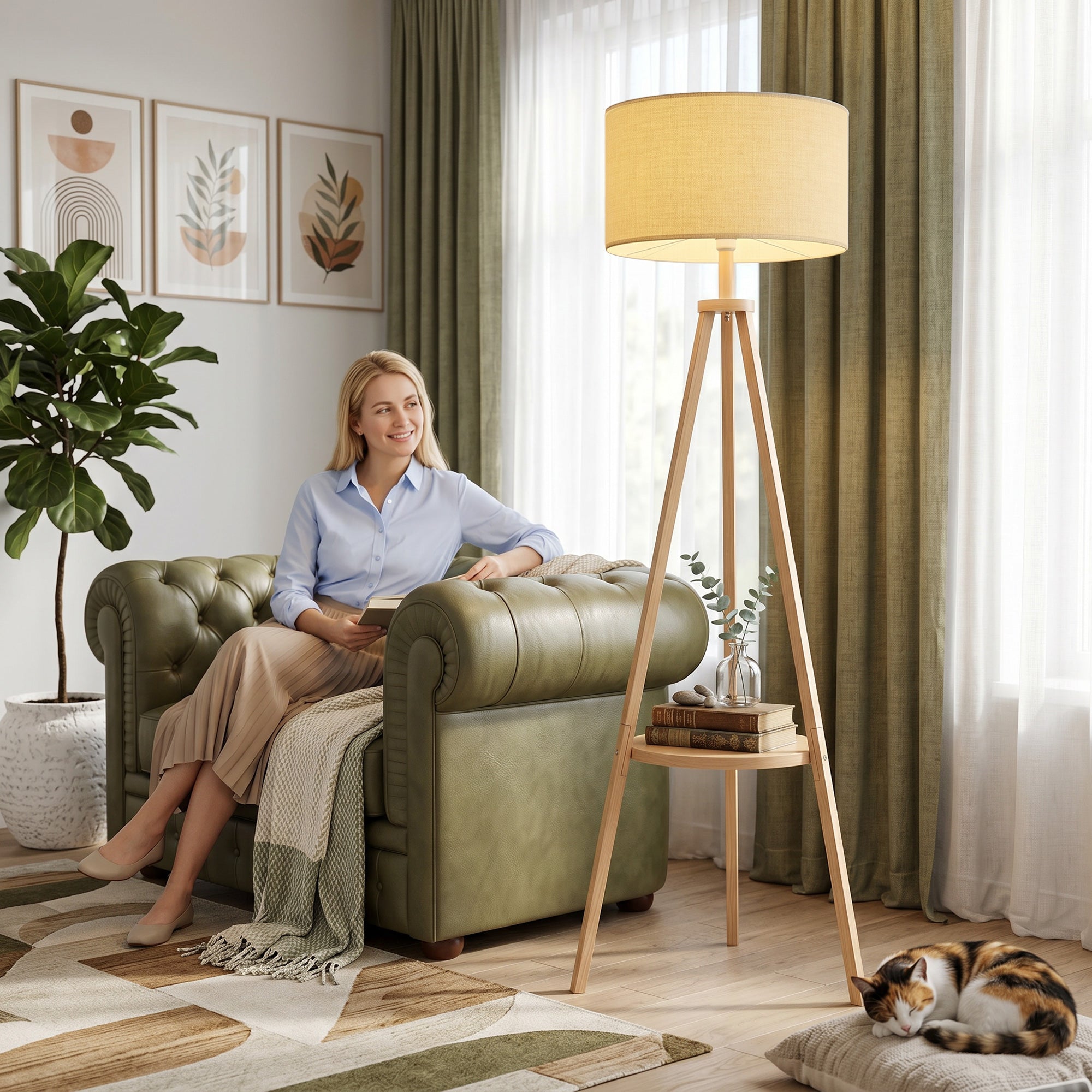 Tripod Floor Lamp, Freestanding Bedside Reading Light with Storage Shelf and Linen-Look Shade for Living Room and Bedroom, 160 cm, Natural Wood Colour
