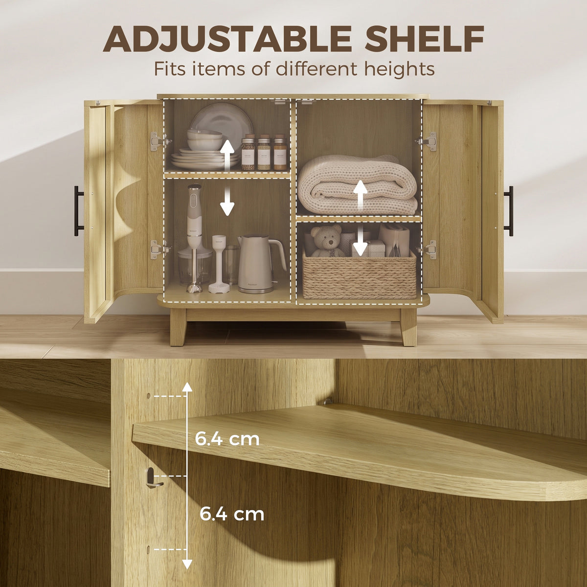 80cm Sideboard Buffet Cabinet, Modern Storage Cabinet with 2 Curved Doors, Adjustable Shelf and Legs for Dining Room, Hallway, Oak