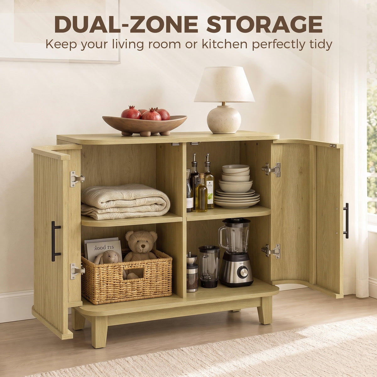 80cm Sideboard Buffet Cabinet, Modern Storage Cabinet with 2 Curved Doors, Adjustable Shelf and Legs for Dining Room, Hallway, Oak