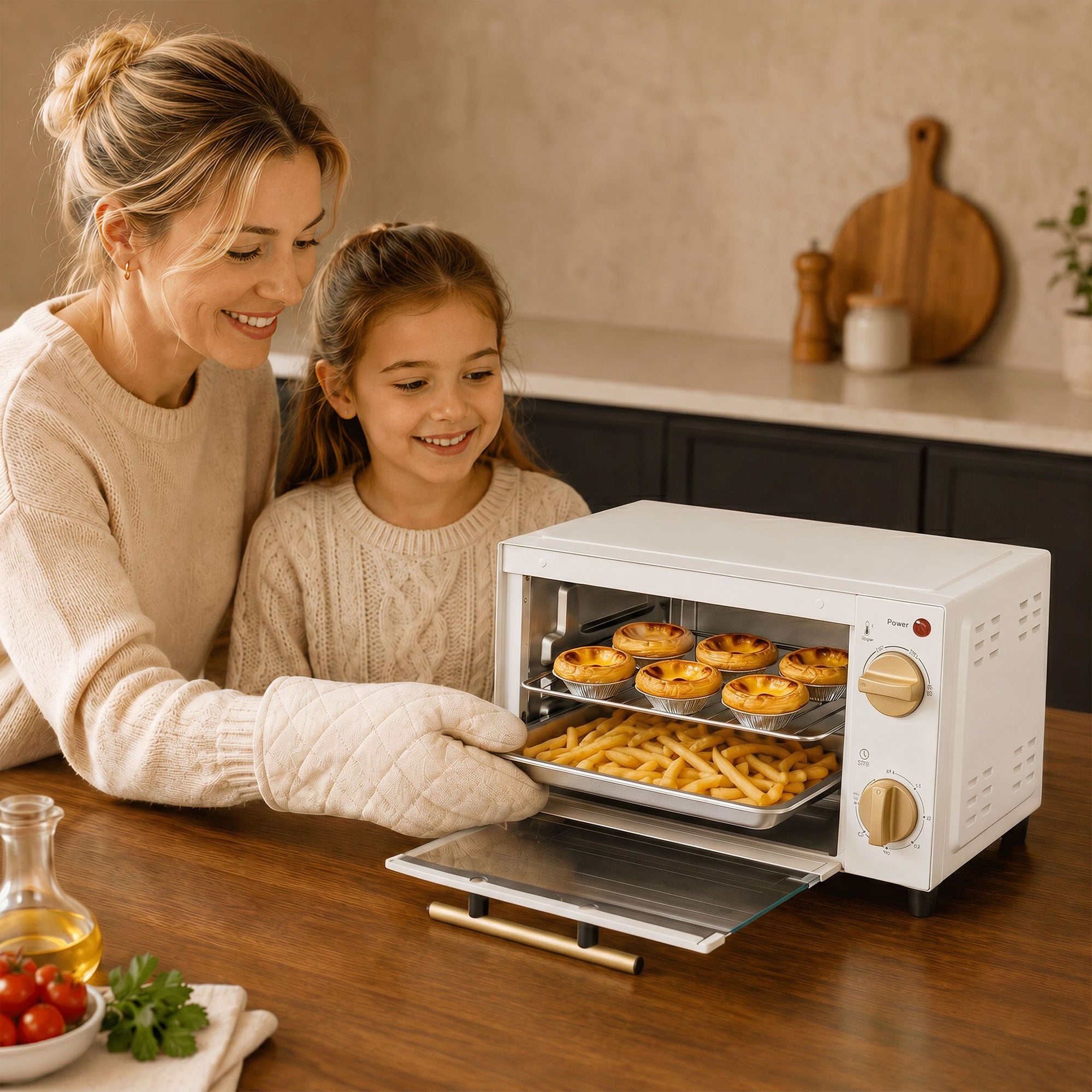 Mini Oven, 9L Countertop Electric Grill, Toaster Oven with Adjustable Temperature, Timer, Dishwasher Safe Baking Tray and Wire Rack, 750W, White