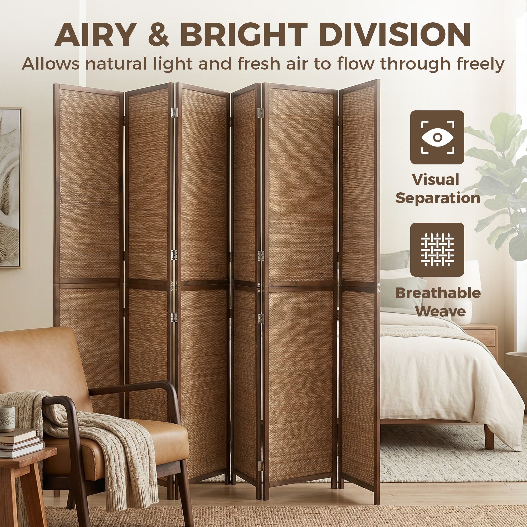 Room Divider, 6 FT Tall Folding Privacy Screen, 6 Panel Hand-Woven Bamboo Wall Partition for Room Separation, Portable Boho Freestanding Wall Divider for Bedroom, Home Office, Brown