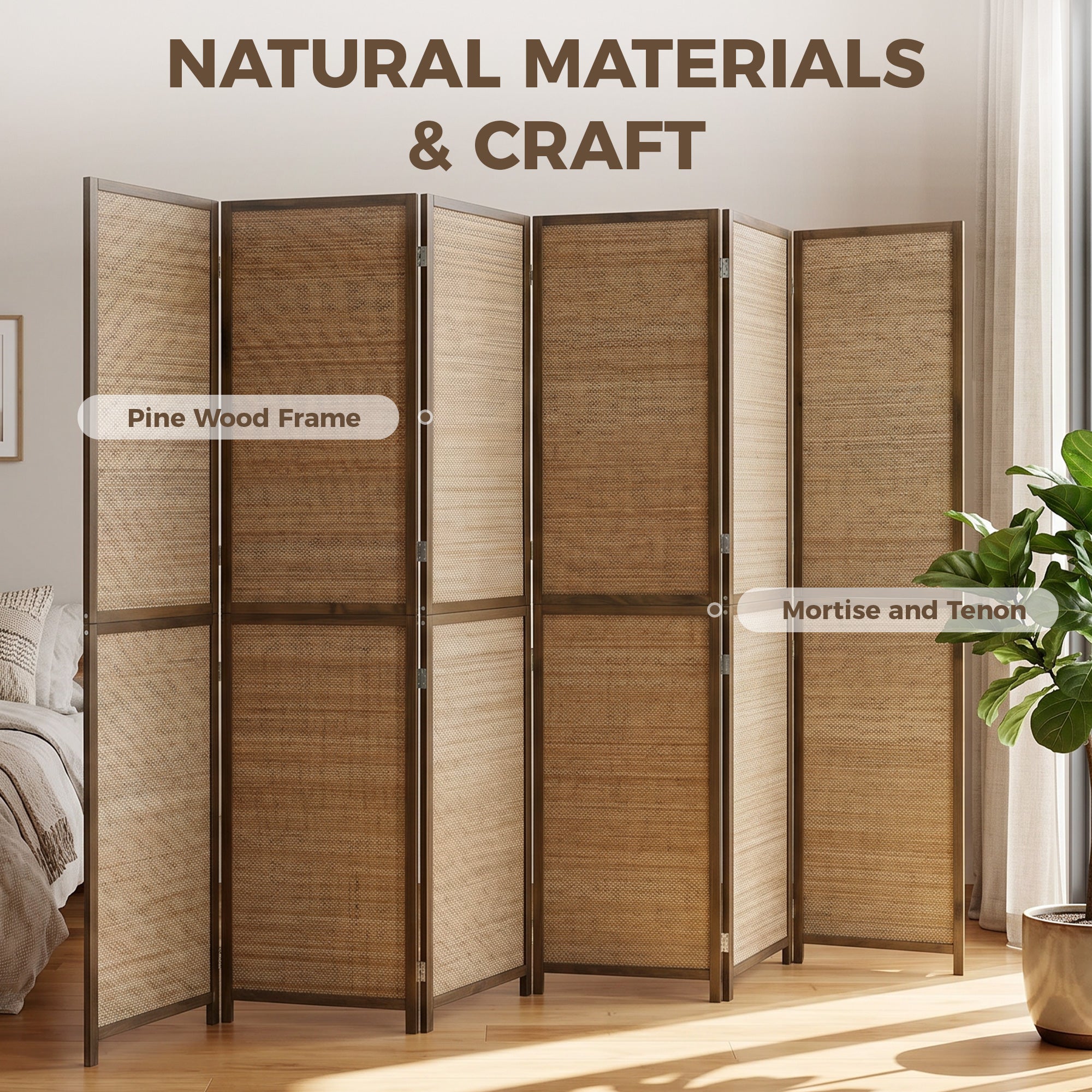 Room Divider, 6 FT Tall Folding Privacy Screen, 6 Panel Hand-Woven Bamboo Wall Partition for Room Separation, Portable Boho Freestanding Wall Divider for Bedroom, Home Office, Brown