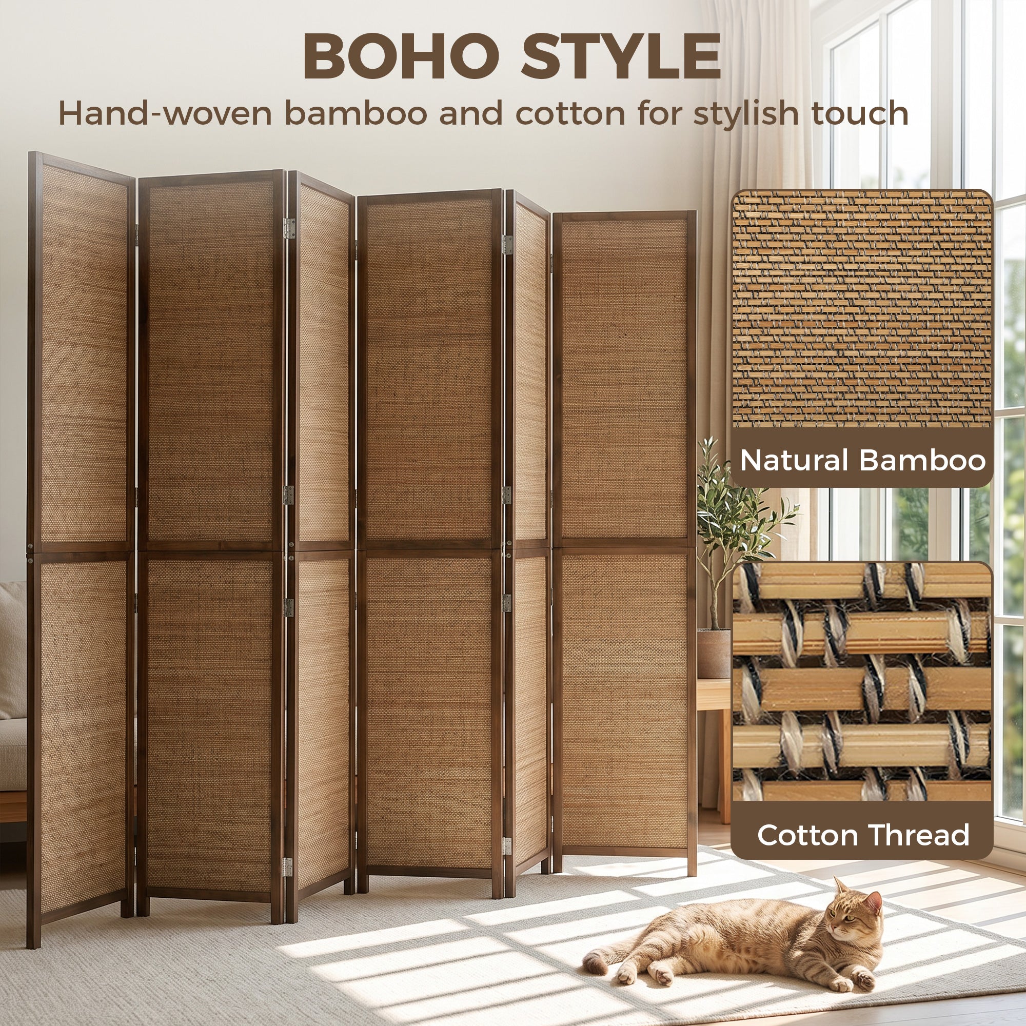 Room Divider, 6 FT Tall Folding Privacy Screen, 6 Panel Hand-Woven Bamboo Wall Partition for Room Separation, Portable Boho Freestanding Wall Divider for Bedroom, Home Office, Brown