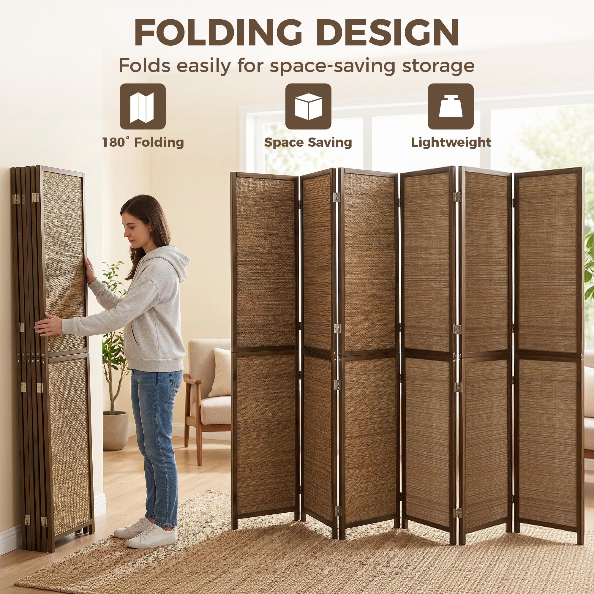 Room Divider, 6 FT Tall Folding Privacy Screen, 6 Panel Hand-Woven Bamboo Wall Partition for Room Separation, Portable Boho Freestanding Wall Divider for Bedroom, Home Office, Brown