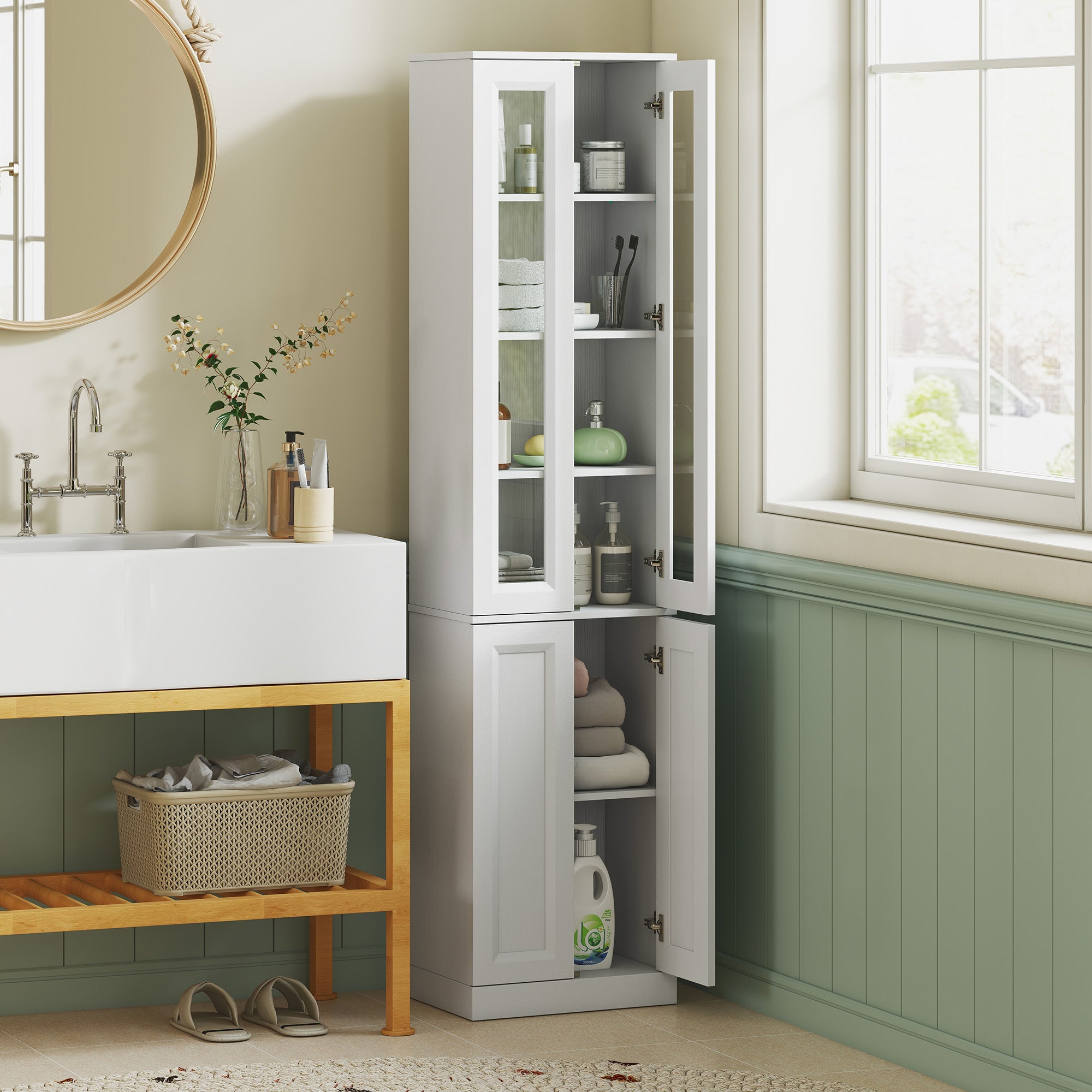 Tall Bathroom Storage Cabinet, 6-Tier Slim Freestanding Bathroom Cabinet with Adjustable Shelf, 4 Soft-Close Doors, Storage Unit for Small Space, 38 x 26 x 160 cm, White