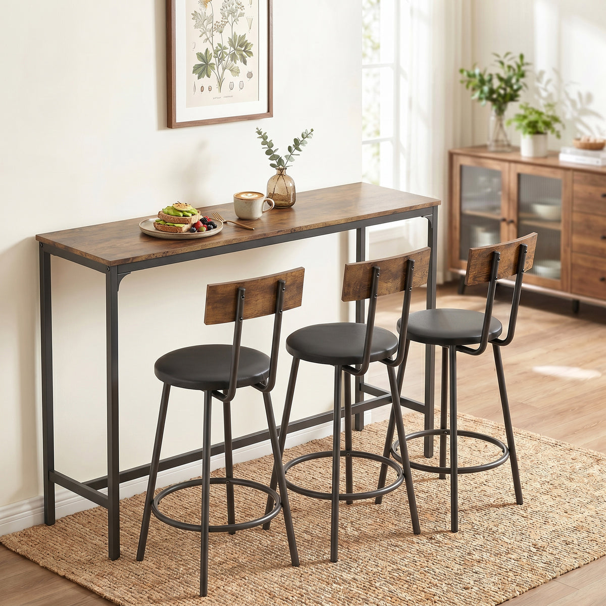 4 Piece Counter Height Bar Table Set, Kitchen Dining Table with 3 Upholstered Stools, Footrests, Space-Saving Pub Table & Chairs for Dining Room,  Living Room, Rustic Brown