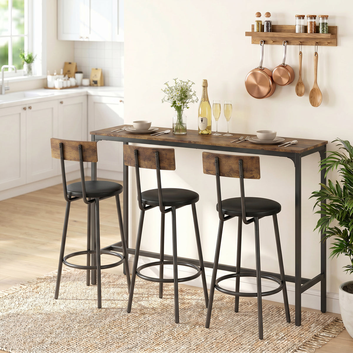 4 Piece Counter Height Bar Table Set, Kitchen Dining Table with 3 Upholstered Stools, Footrests, Space-Saving Pub Table & Chairs for Dining Room,  Living Room, Rustic Brown