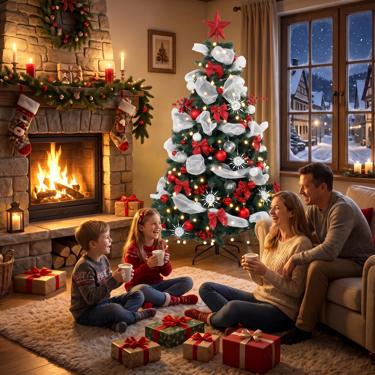 6ft Prelit Christmas Tree Spruce, Remote, Hinged, Artificial Xmas Tree with 8 Modes, 800 Tips, 200 LEDs, Balls, Ribbons, Bows, Foldable Metal Base, Green and Red