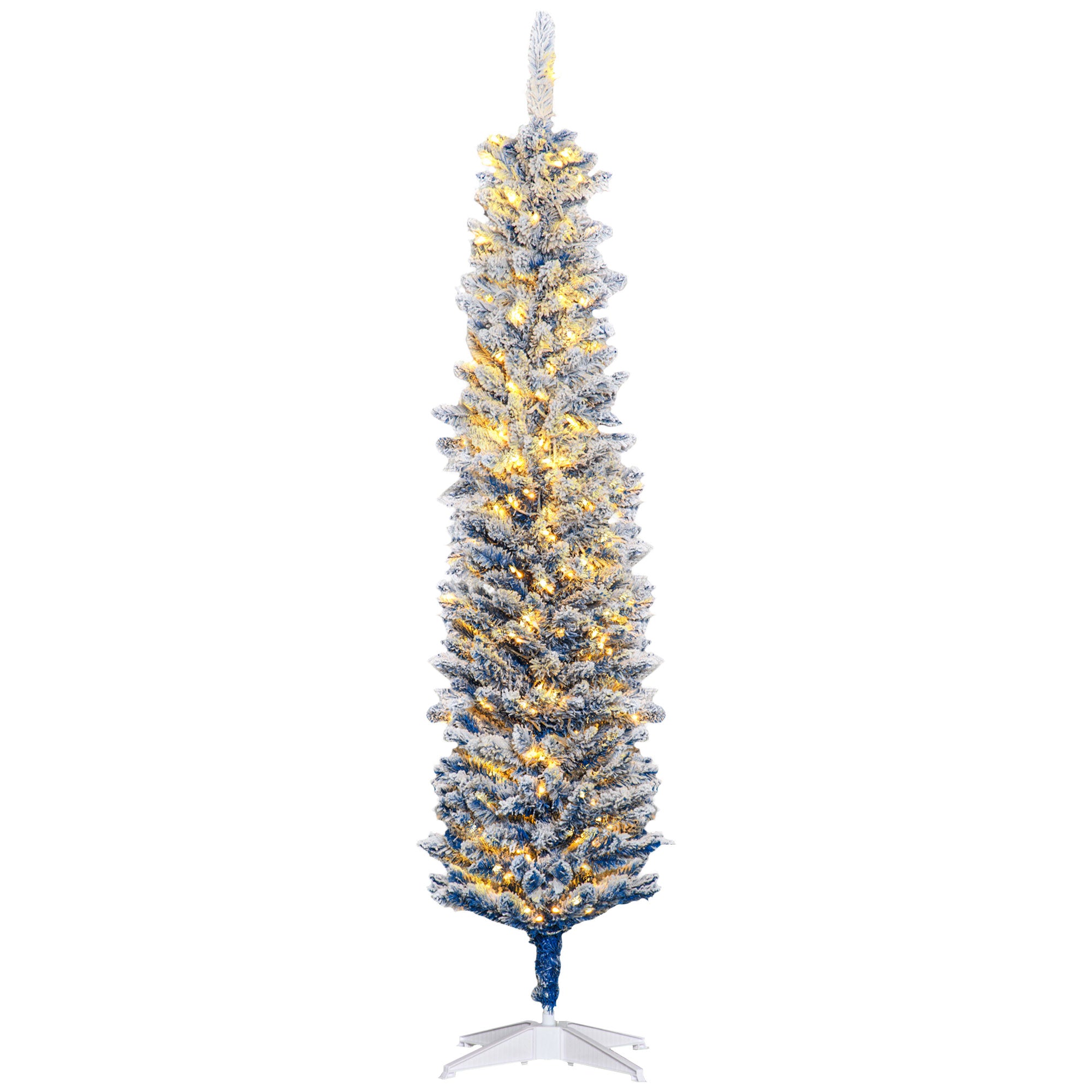 HOMCOM 6ft Tall Prelit Slim Artificial Christmas Tree Xmas Tree with 360 Snow Flocked Branches, 200 Warm White LED Lights, Deep Blue