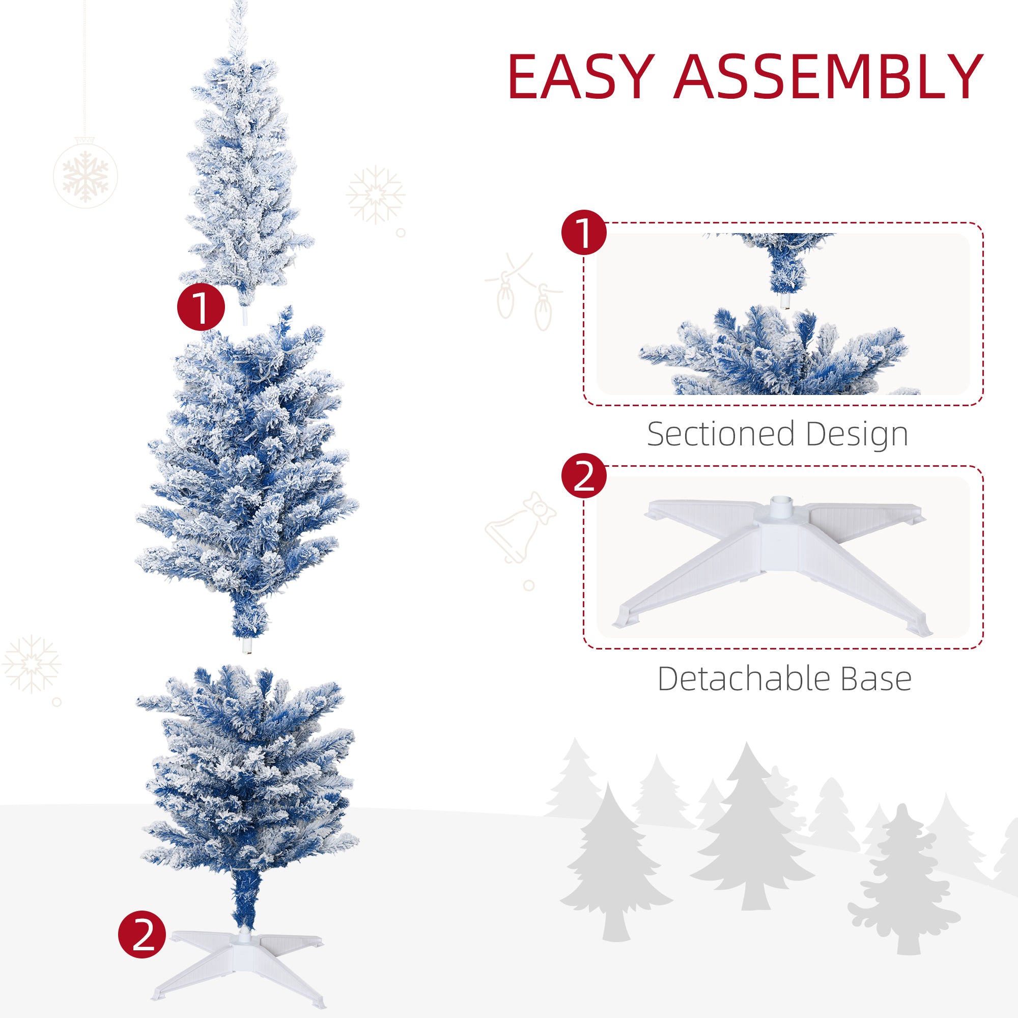 HOMCOM 6ft Tall Prelit Slim Artificial Christmas Tree Xmas Tree with 360 Snow Flocked Branches, 200 Warm White LED Lights, Deep Blue