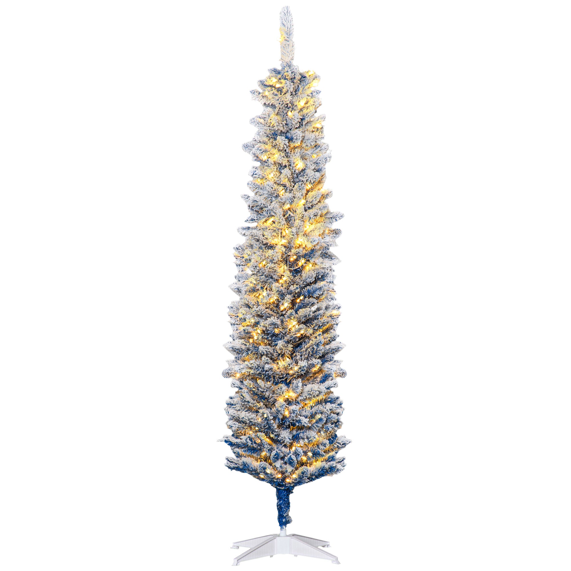 HOMCOM 6ft Tall Prelit Slim Artificial Christmas Tree Xmas Tree with 360 Snow Flocked Branches, 200 Warm White LED Lights, Deep Blue