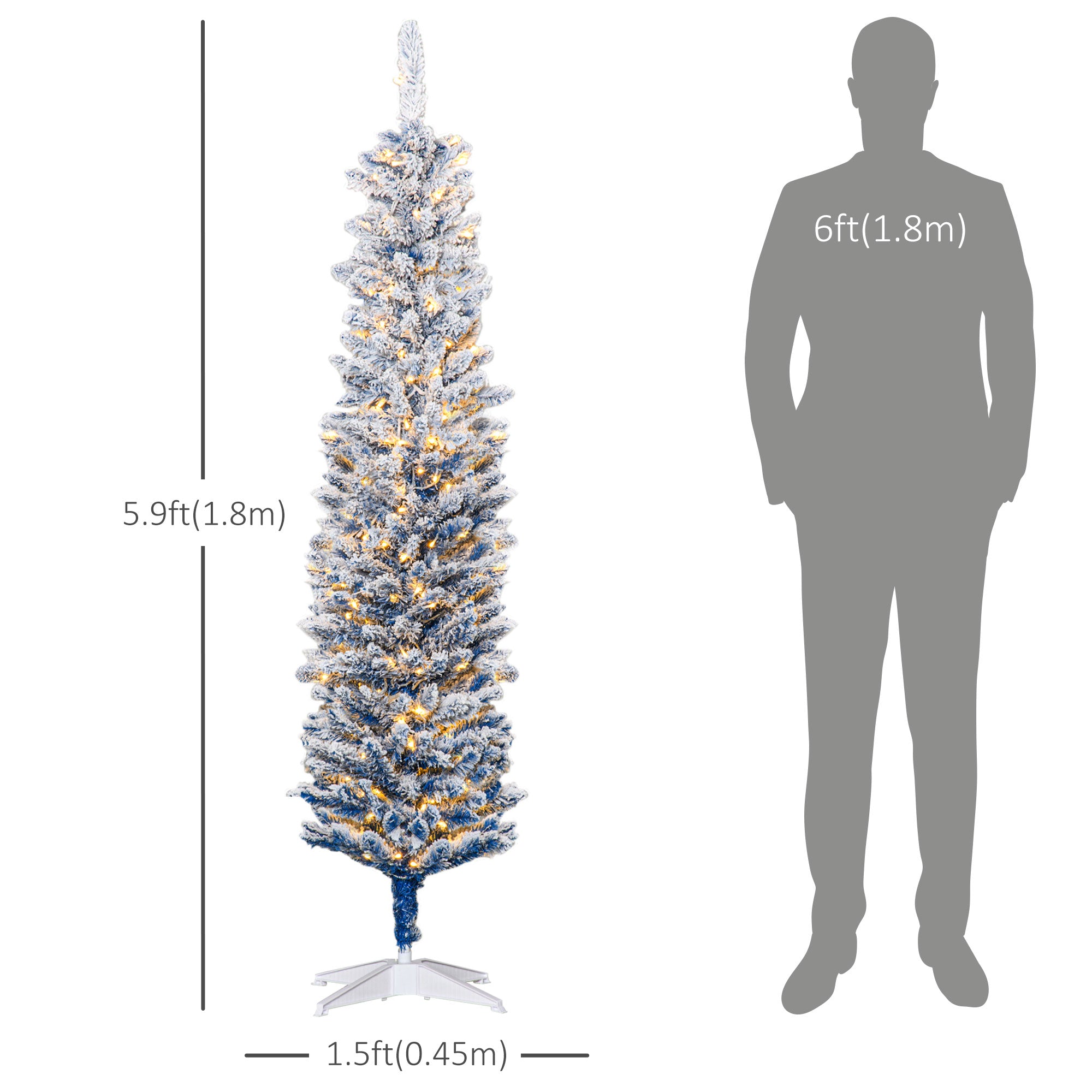 HOMCOM 6ft Tall Prelit Slim Artificial Christmas Tree Xmas Tree with 360 Snow Flocked Branches, 200 Warm White LED Lights, Deep Blue