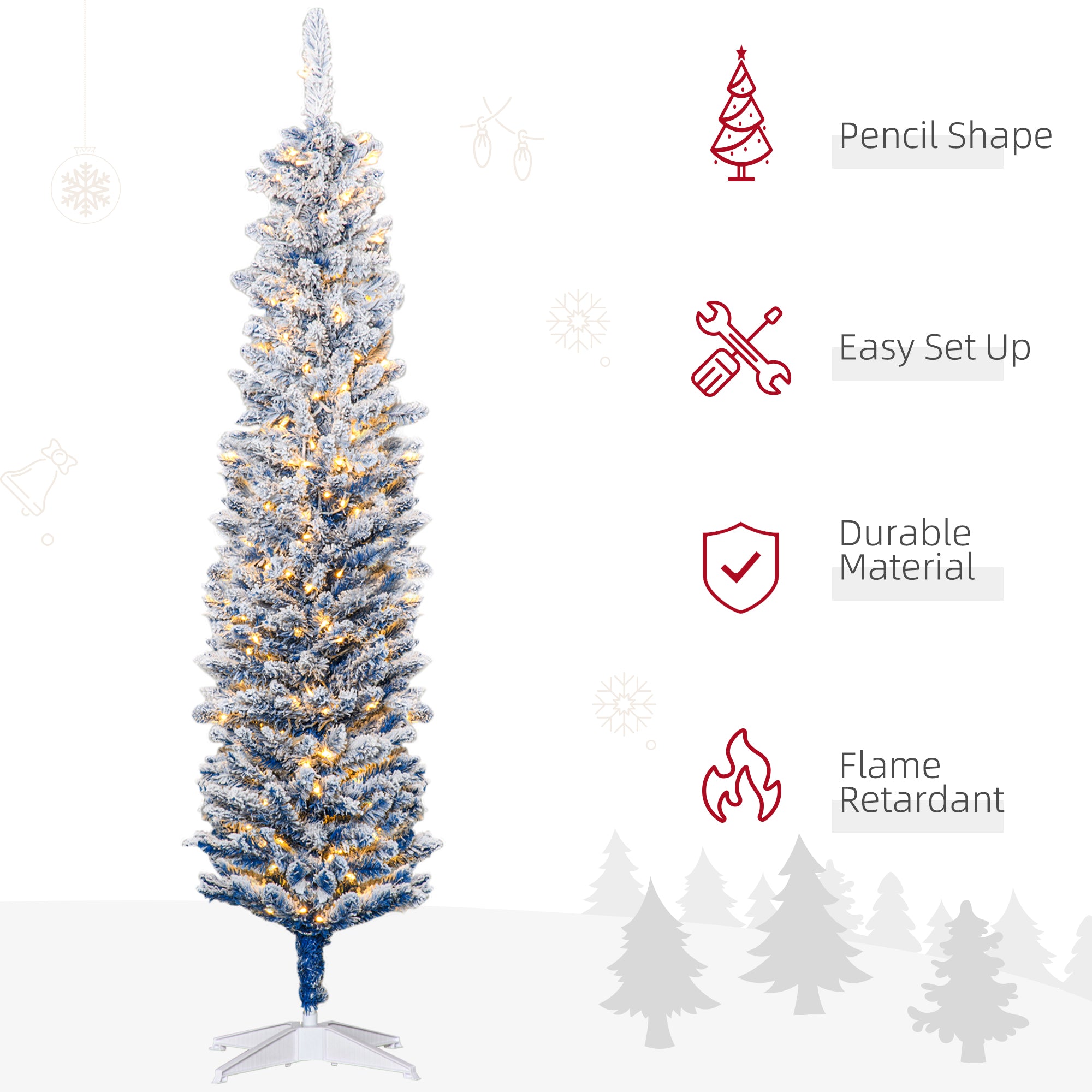 HOMCOM 6ft Tall Prelit Slim Artificial Christmas Tree Xmas Tree with 360 Snow Flocked Branches, 200 Warm White LED Lights, Deep Blue