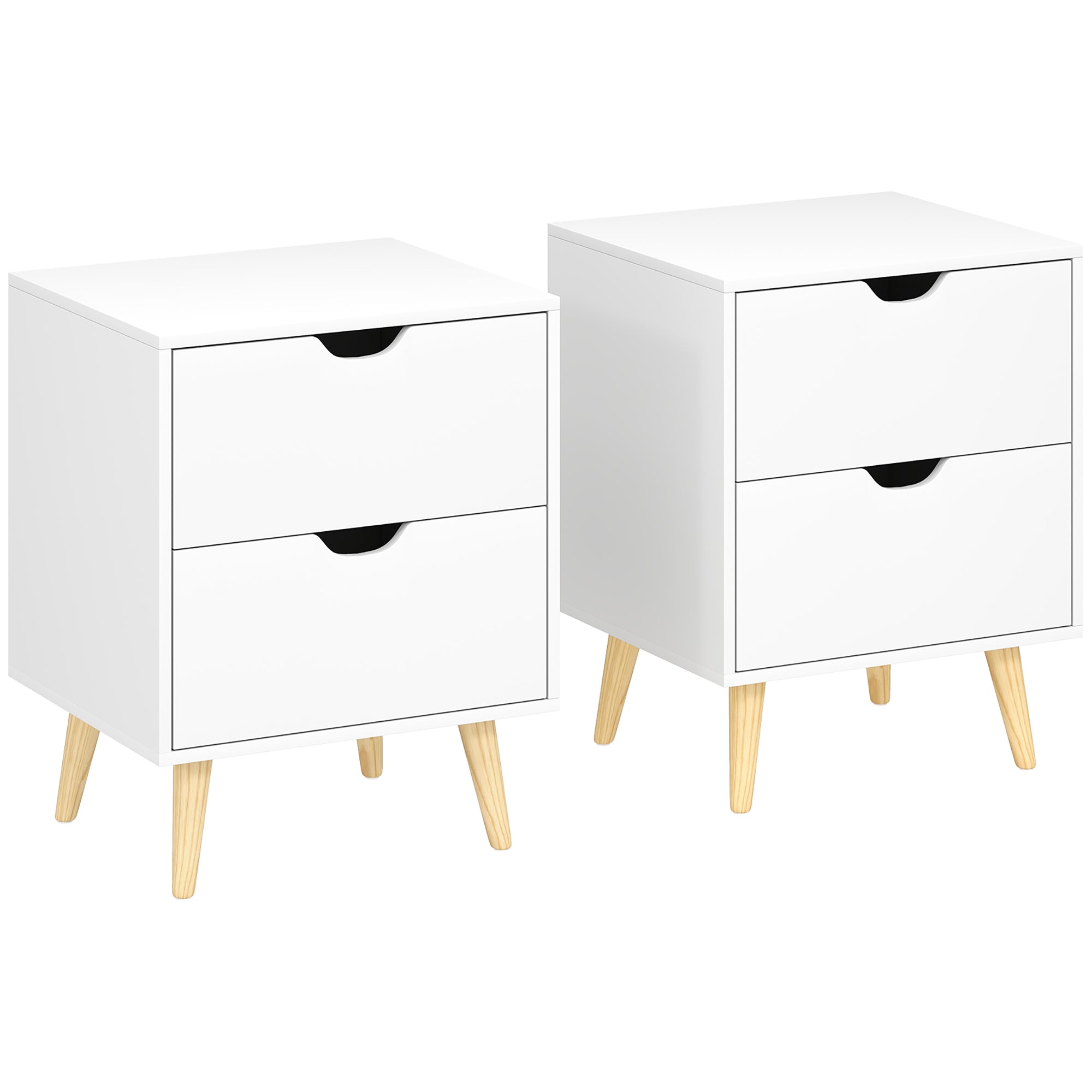 Modern Nightstand Set of 2, Bedside Table with 2 Drawers, End Table with Pine Wood Legs for Bedroom, White