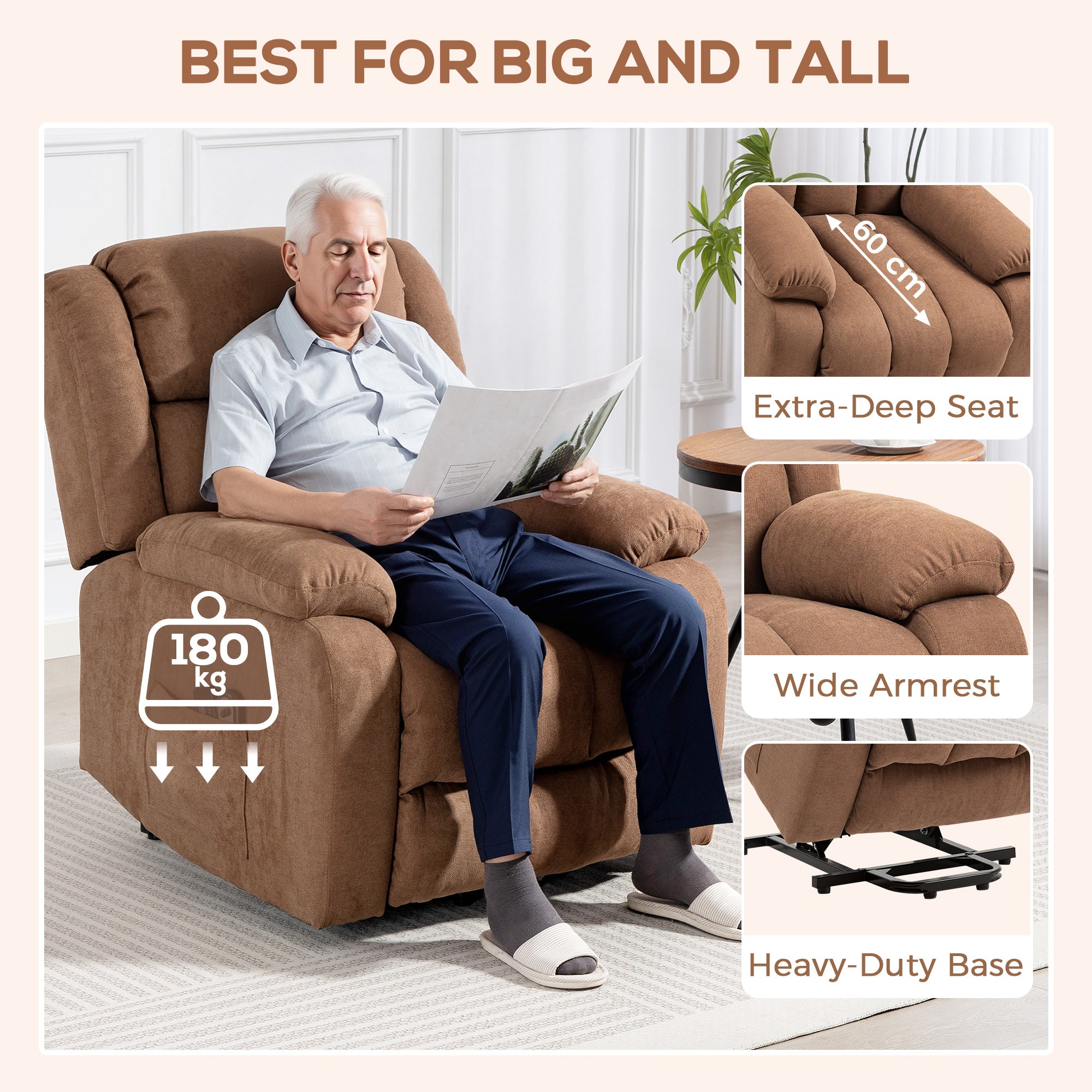 Power Lift Recliner Chair with Massage, Linen Overstuffed Lift Chair for Elderly, Electric Recliner Armchair with Footrest, Remote Control and Side Pocket, for Living Room, Brown