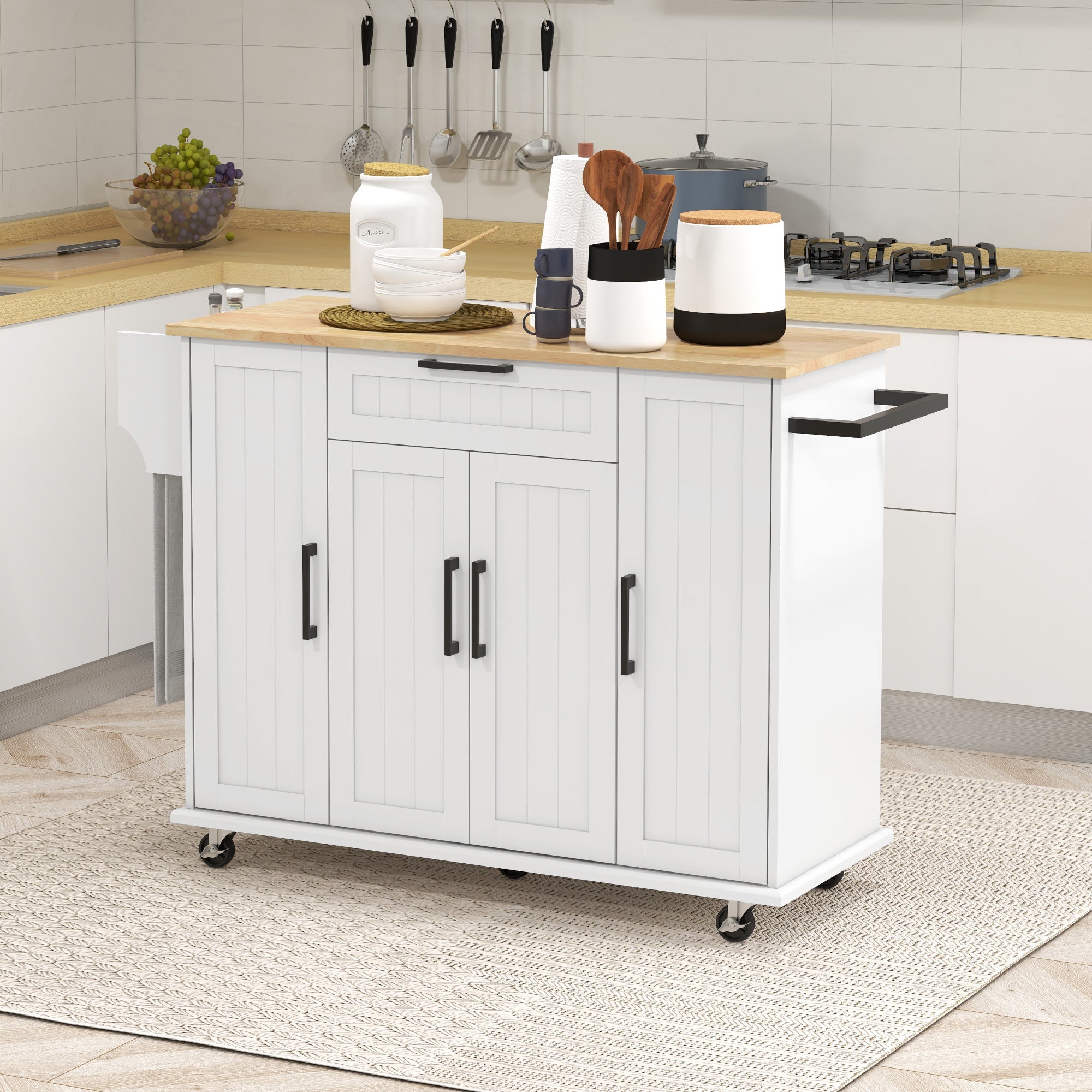 Modern Rolling Kitchen Island Cart with Drawers Natural Wood Top Towel Rack White