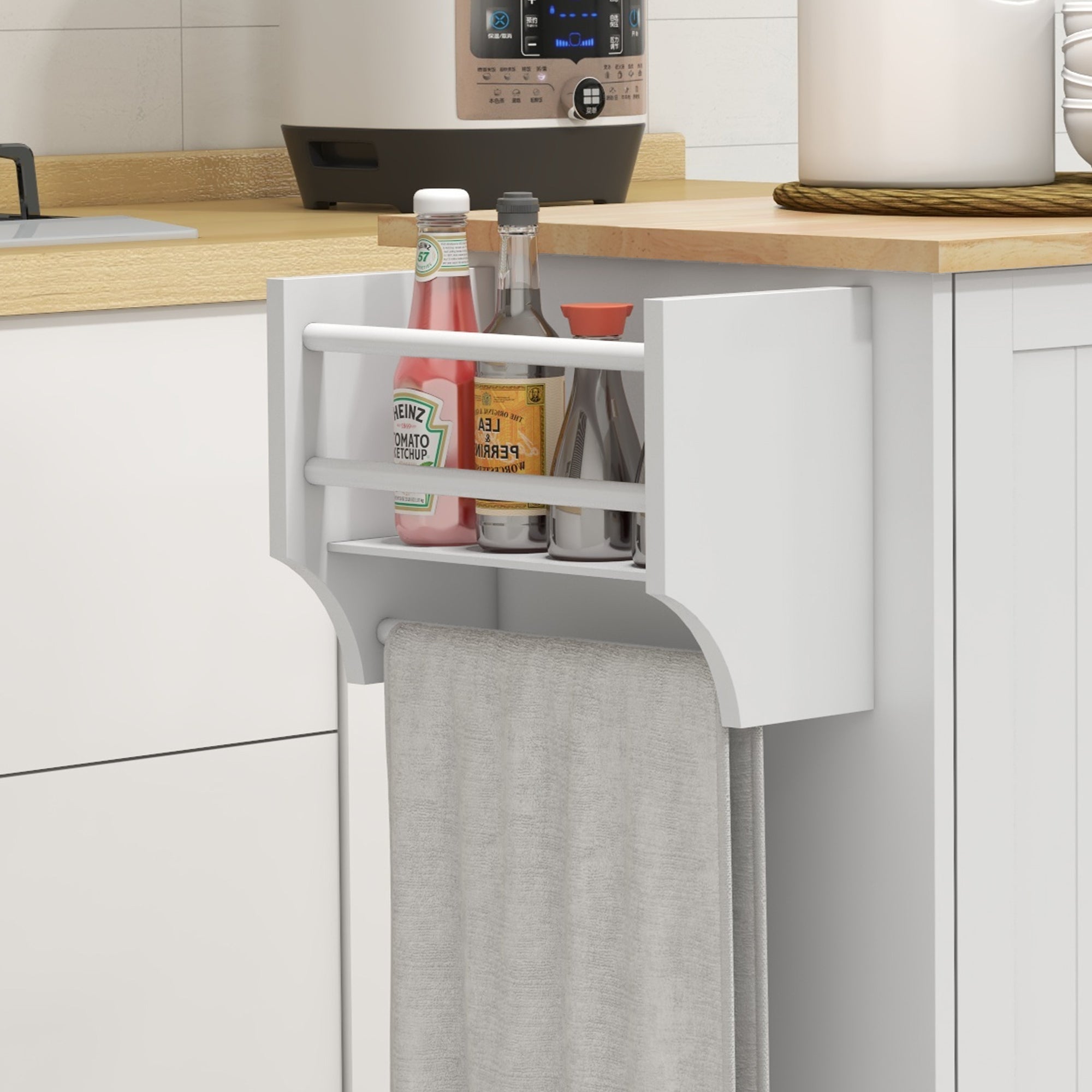 Modern Rolling Kitchen Island Cart with Drawers Natural Wood Top Towel Rack White