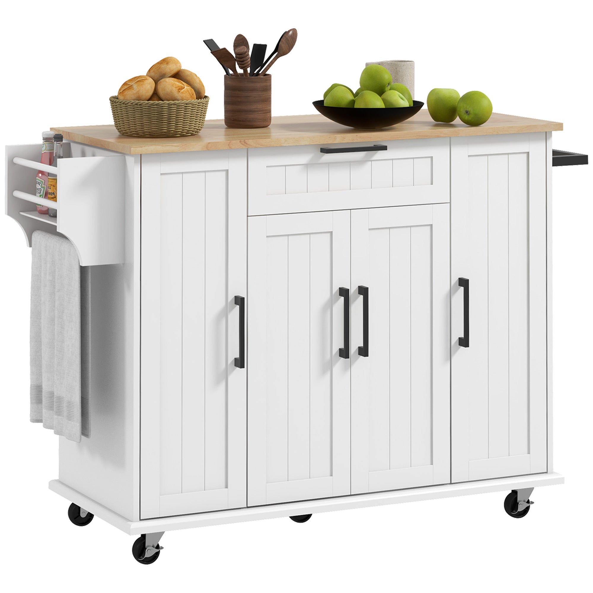 HOMCOM Kitchen Island with Storage, Rolling Kitchen Cart with Rubberwood Top, Drawer, Spice Rack, Towel Rack, Storage Cabinet with Inner Adjustable Shelves, White