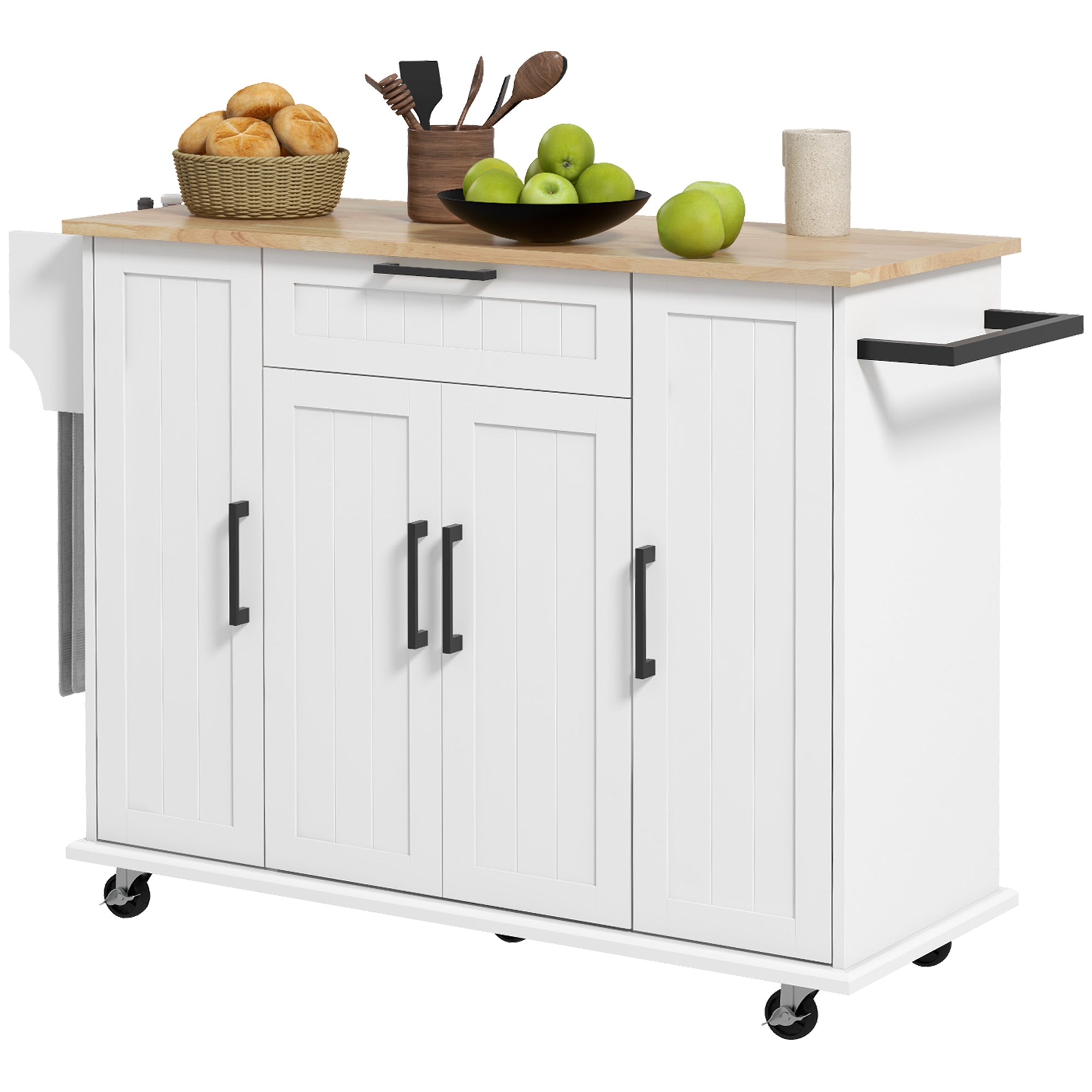 Modern Rolling Kitchen Island Cart with Drawers Natural Wood Top Towel Rack White