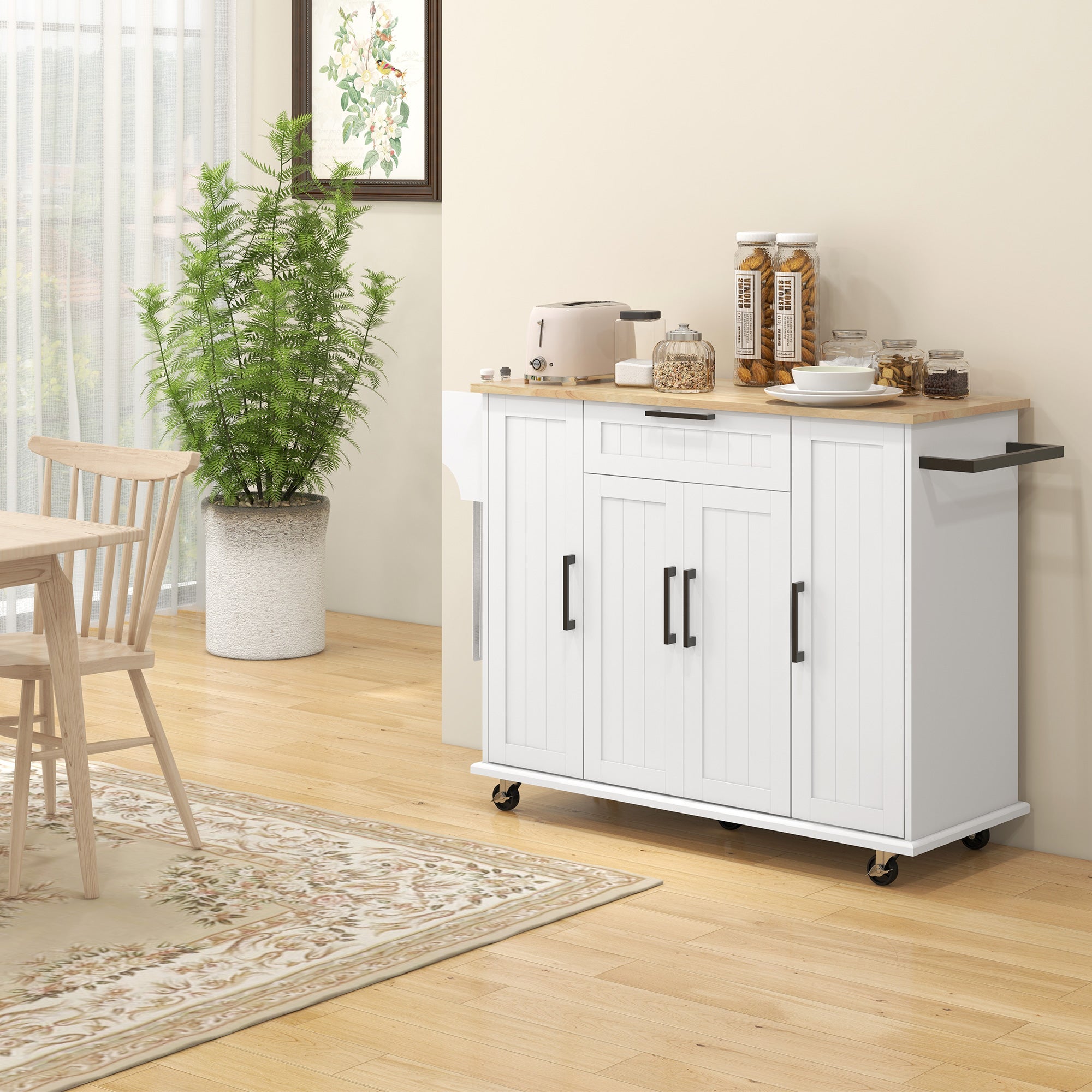 Modern Rolling Kitchen Island Cart with Drawers Natural Wood Top Towel Rack White