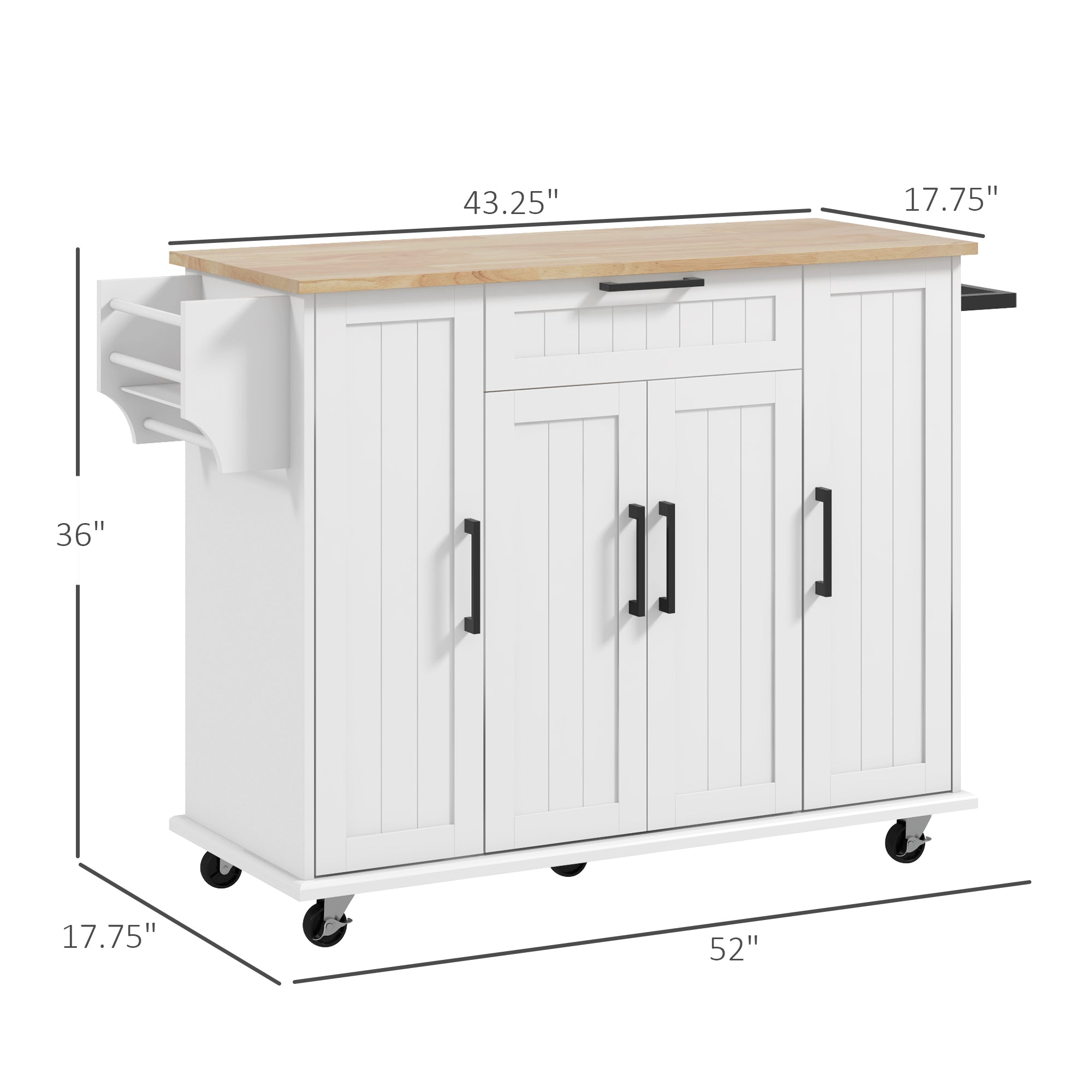 Modern Rolling Kitchen Island Cart with Drawers Natural Wood Top Towel Rack White