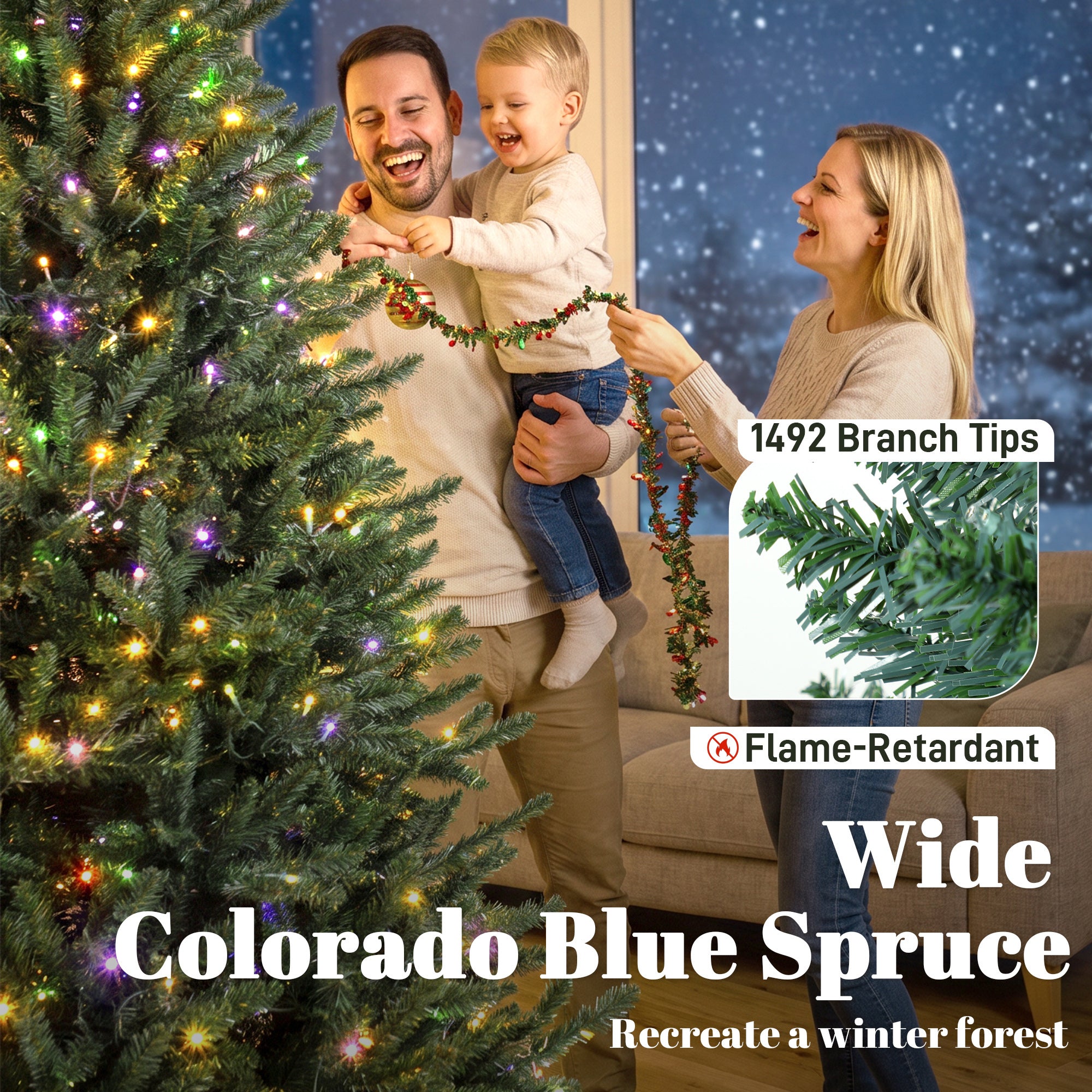 6ft Prelit Christmas Tree, Wide Colorado Blue Spruce, Easy Plug, Artificial Hinged Xmas Tree with 480 Warm White & Multi-Color LED Lights, 1492 Tips, Foldable Metal Stand for Holiday, Green