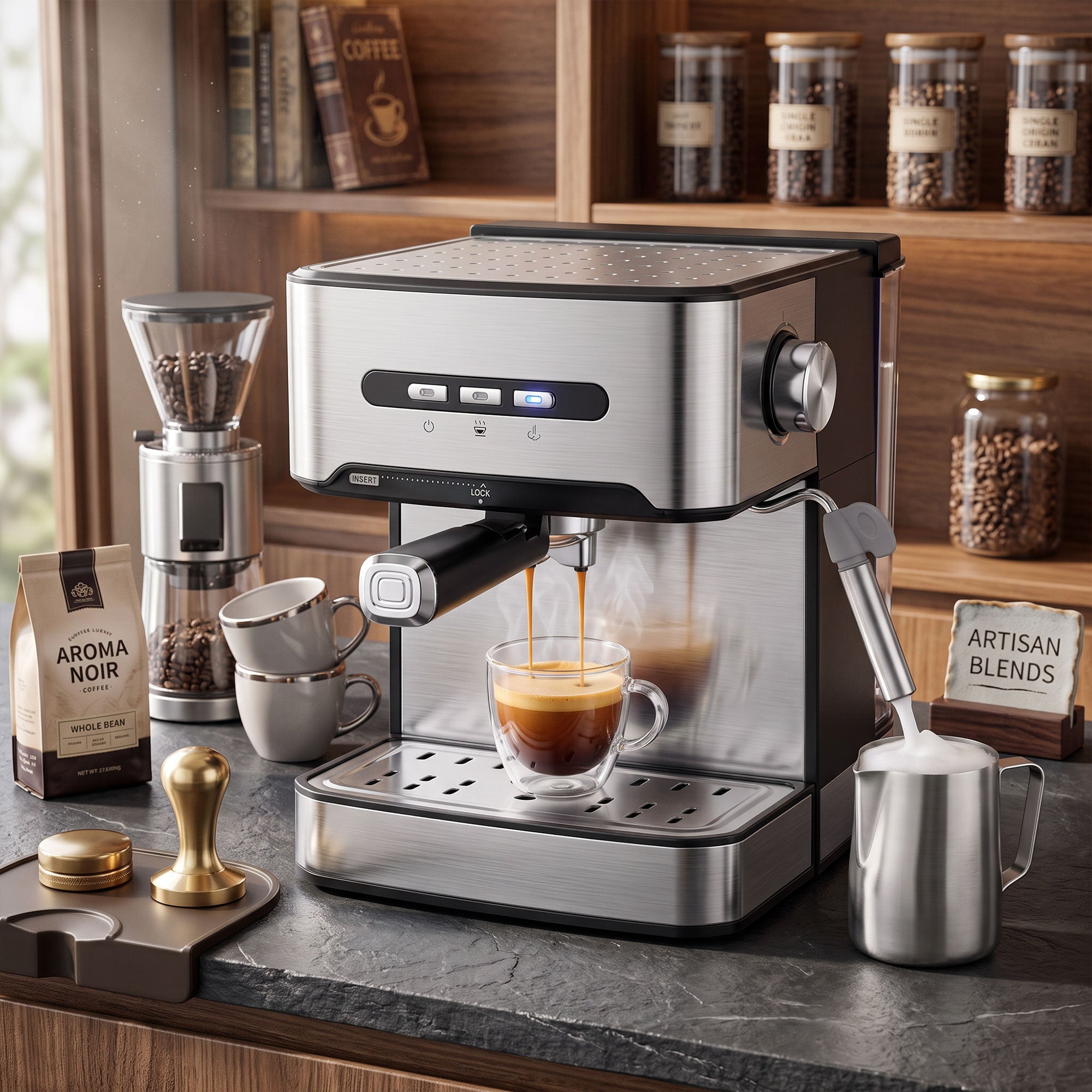 Espresso Machine with Milk Frother Wand, 1.6 L Water Tank, 850W Semi Automatic 20 Bar Coffee Machine, Latte and Cappuccino Maker with Double Shot, Hot Water, Cup Warming, Black and Silver