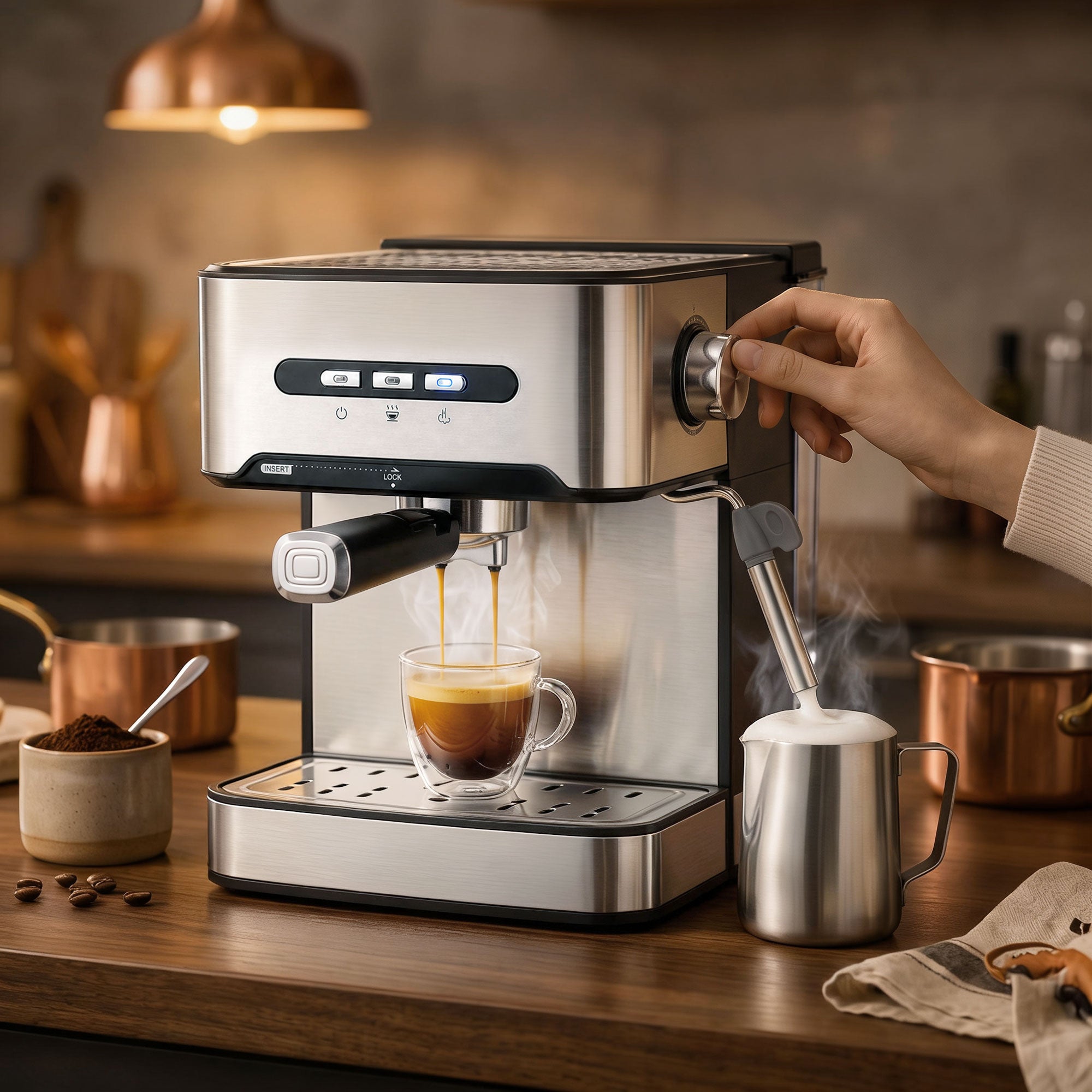 Espresso Machine with Milk Frother Wand, 1.6 L Water Tank, 850W Semi Automatic 20 Bar Coffee Machine, Latte and Cappuccino Maker with Double Shot, Hot Water, Cup Warming, Black and Silver