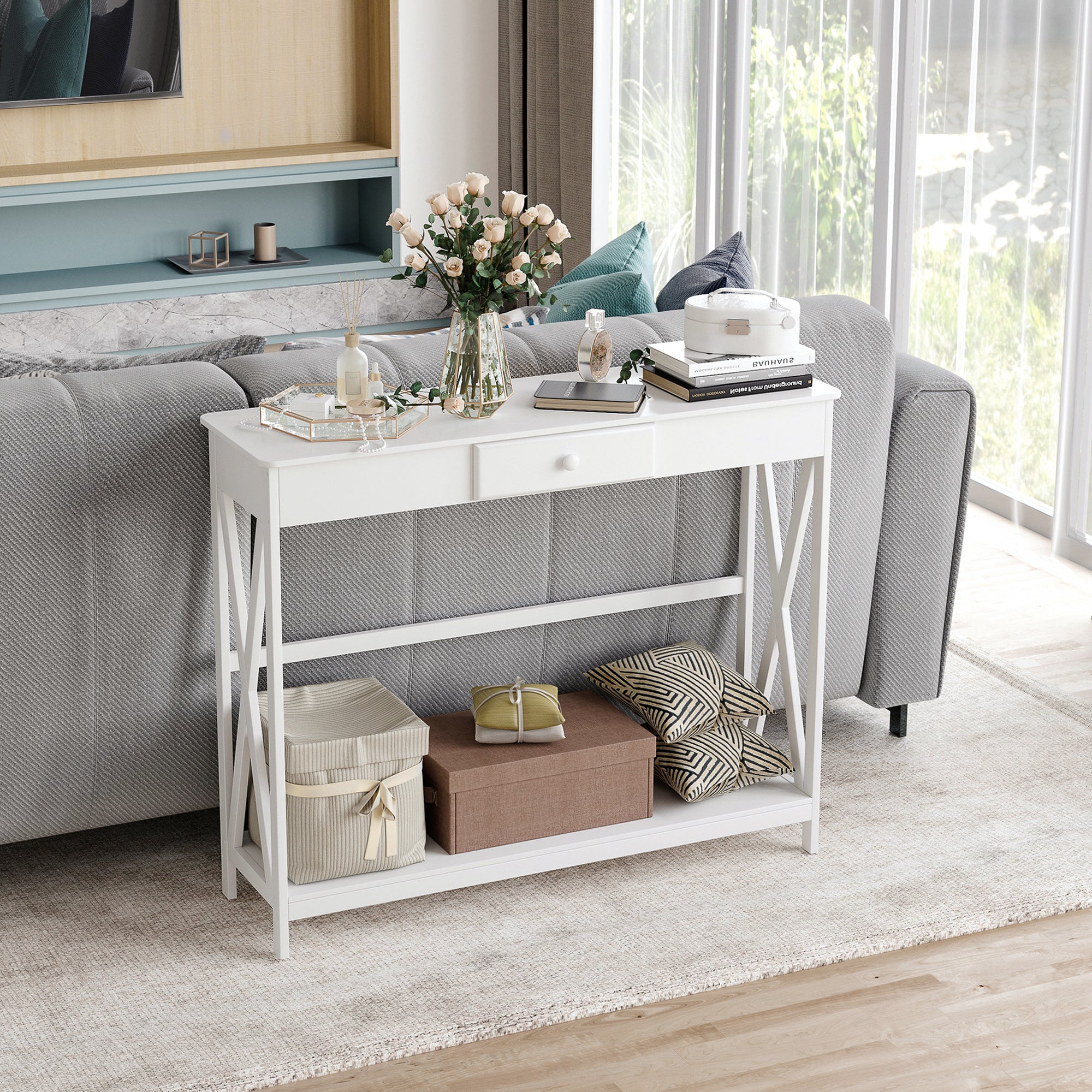 HOMCOM 2 Tier X-Design Console Table Sofa Side Table w/ Drawer and Storage Shelf for Living Room Entryway, White