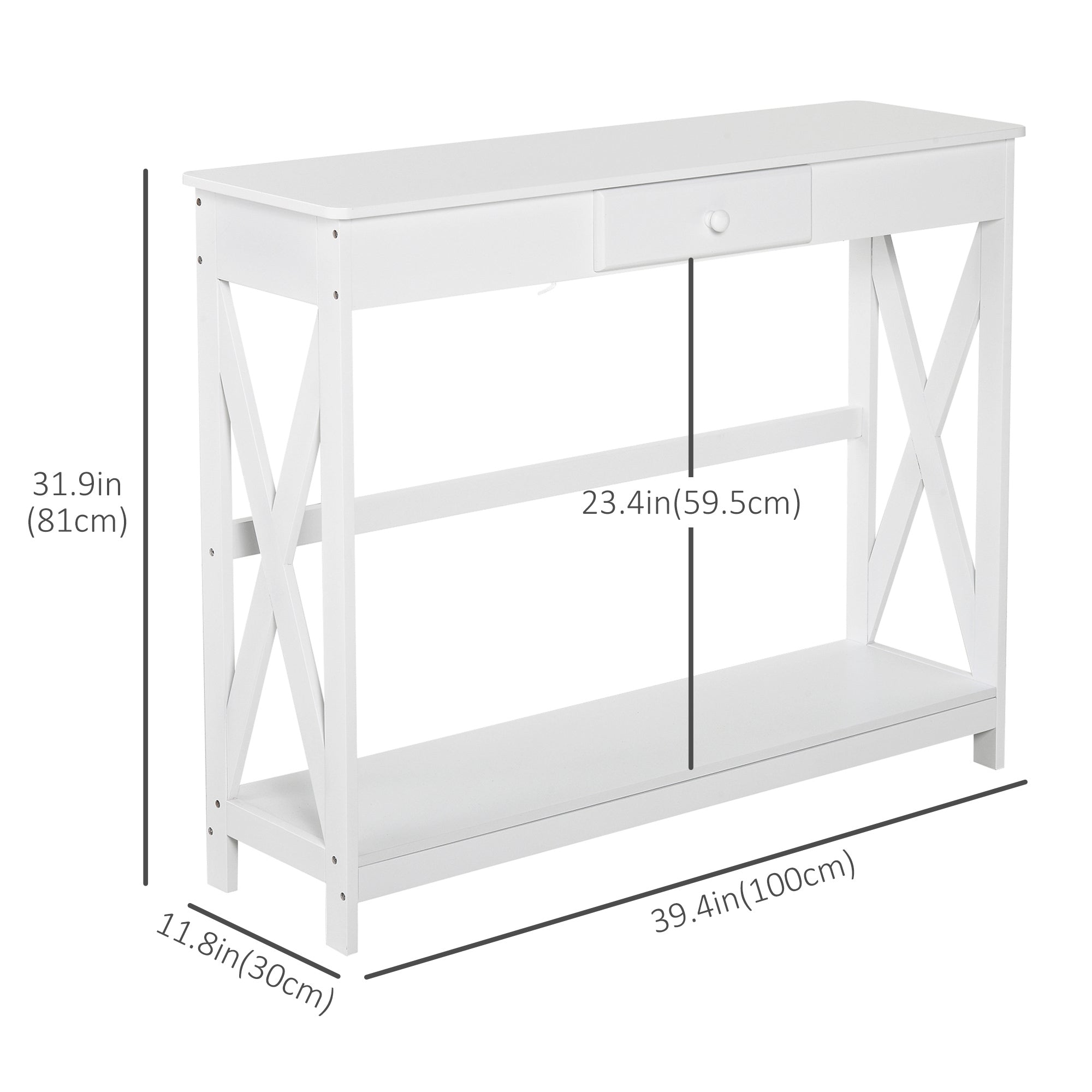 HOMCOM 2 Tier X-Design Console Table Sofa Side Table w/ Drawer and Storage Shelf for Living Room Entryway, White