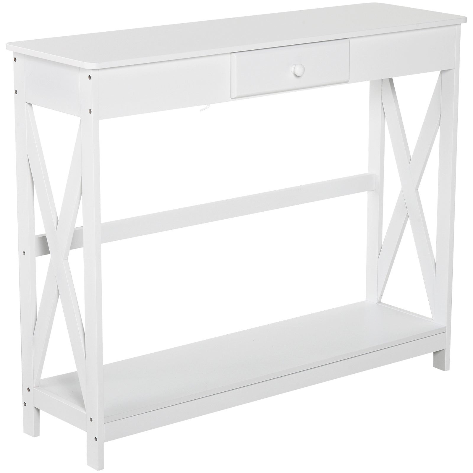 HOMCOM 2 Tier X-Design Console Table Sofa Side Table w/ Drawer and Storage Shelf for Living Room Entryway, White