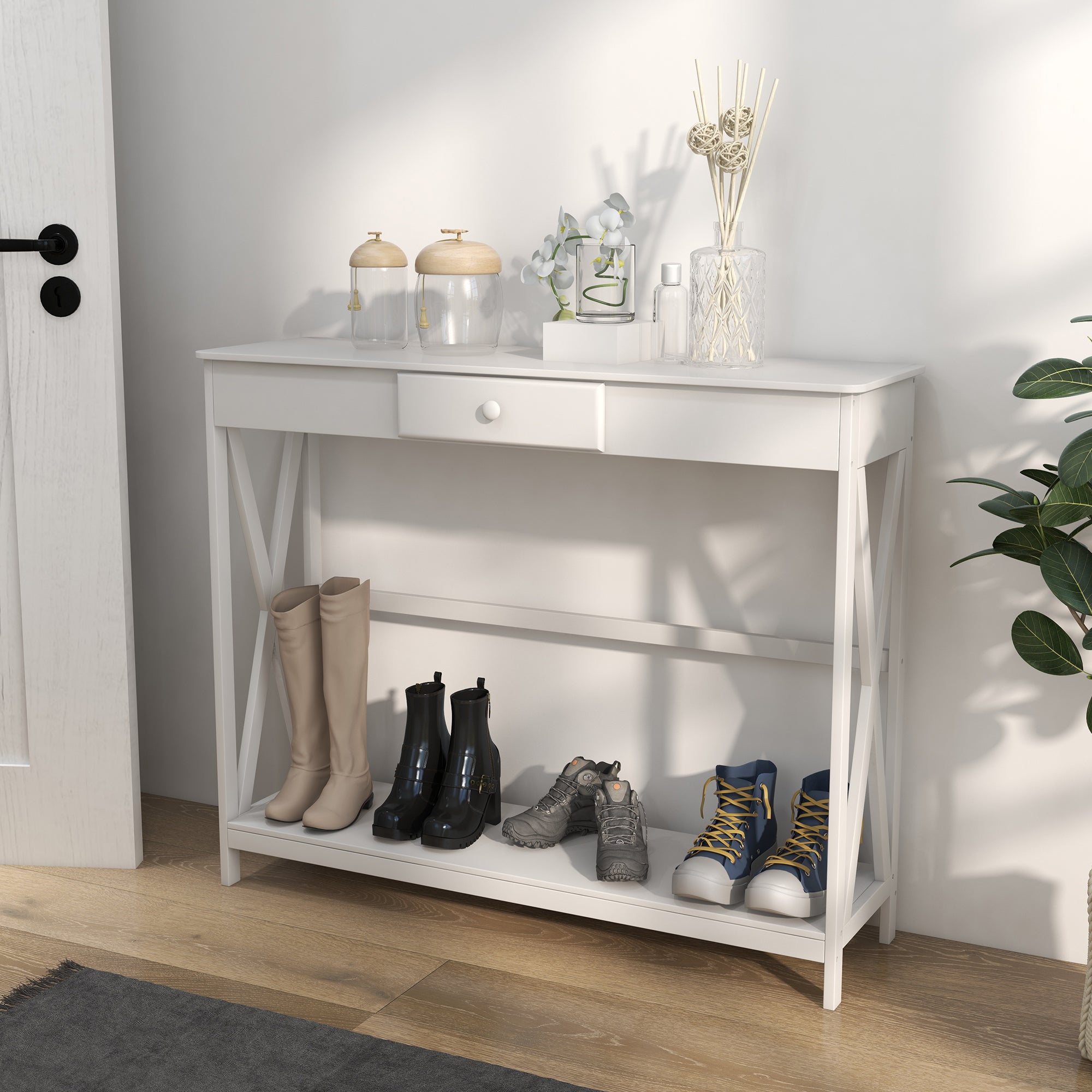 HOMCOM 2 Tier X-Design Console Table Sofa Side Table w/ Drawer and Storage Shelf for Living Room Entryway, White