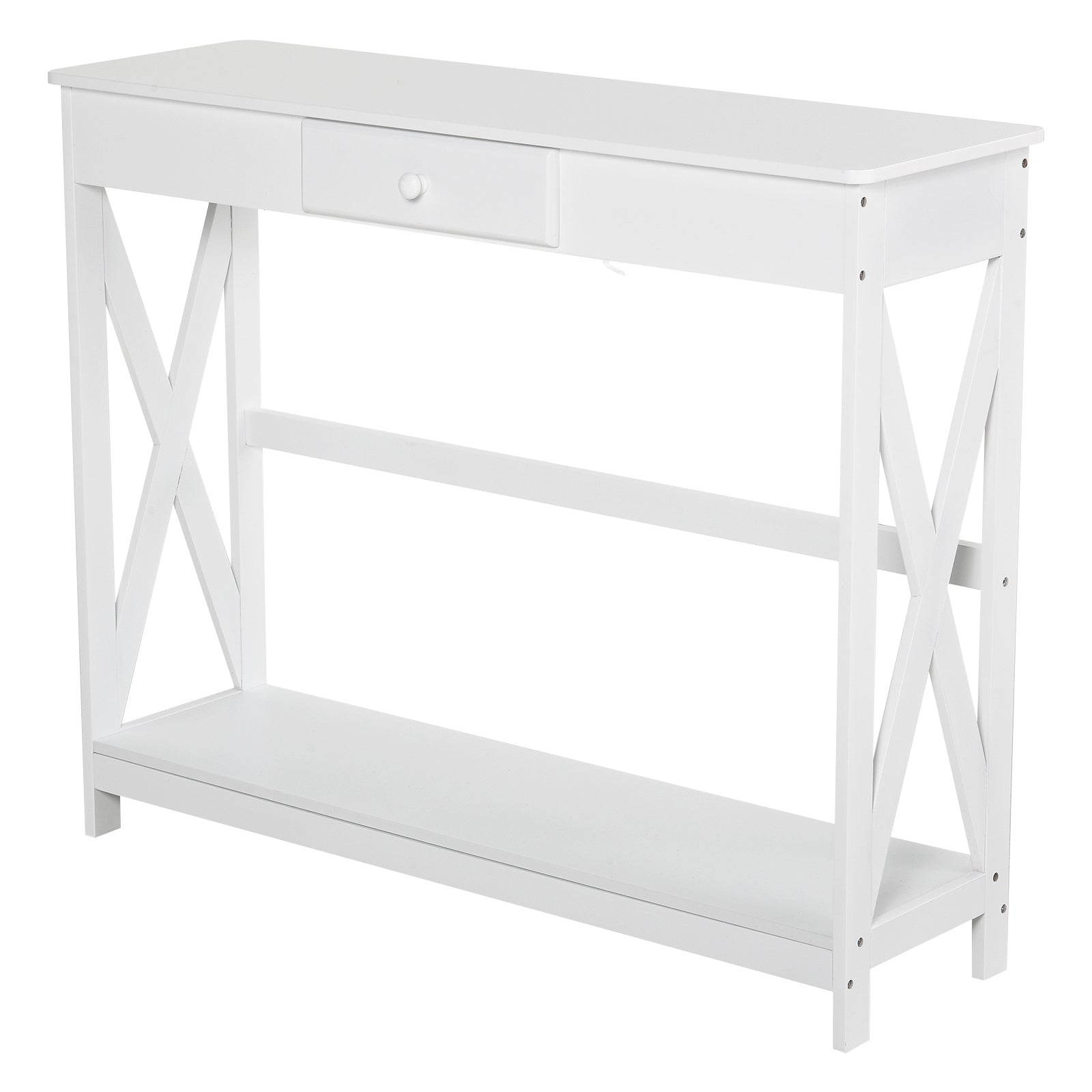 HOMCOM 2 Tier X-Design Console Table Sofa Side Table w/ Drawer and Storage Shelf for Living Room Entryway, White