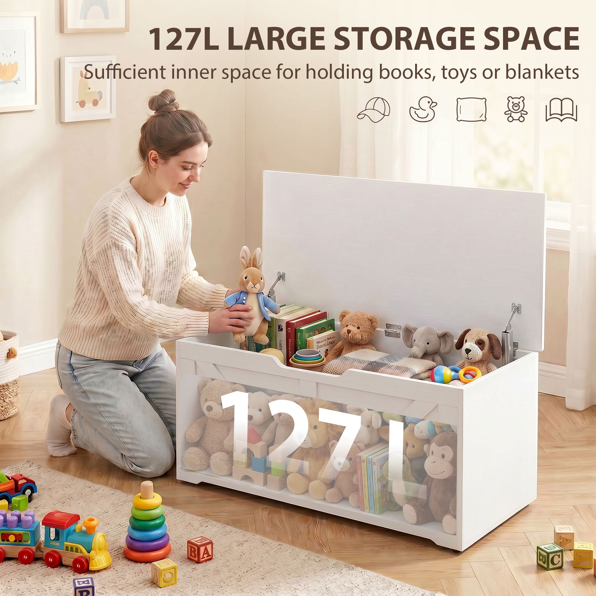 127L Storage Chest, Shoe Storage Trunk Bench Box with 2 Safety Hinges and U-shaped Cut-out Pull, Blanket Box Ottoman for Bedroom, Living Room, Entryway, 100 x 40 x 45 cm, White Wood-Effect