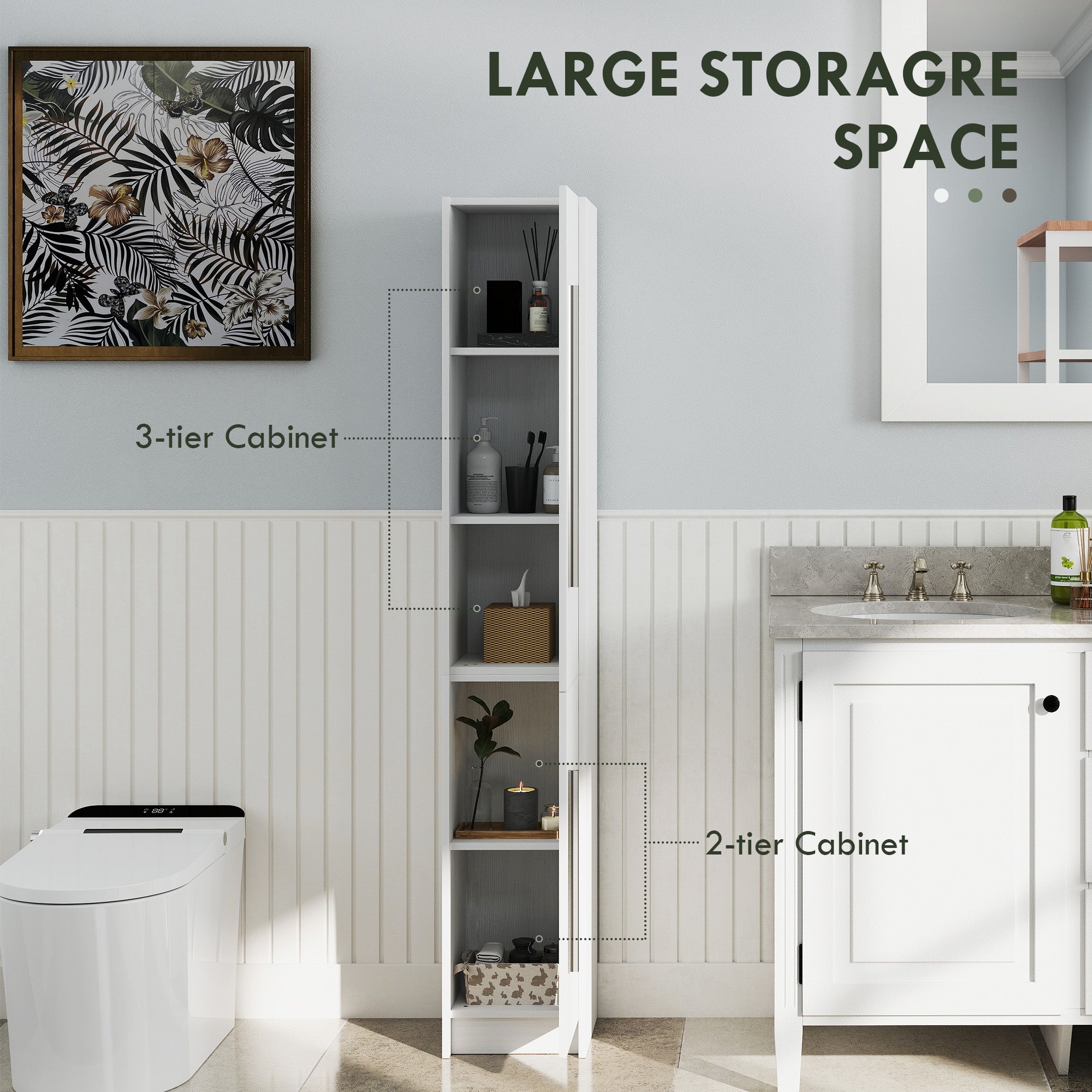 HOMCOM Tall Bathroom Storage Cabinet, Freestanding Narrow Storage Cabinet, Bathroom Floor Cabinet with 2 Doors, White Wood Grain