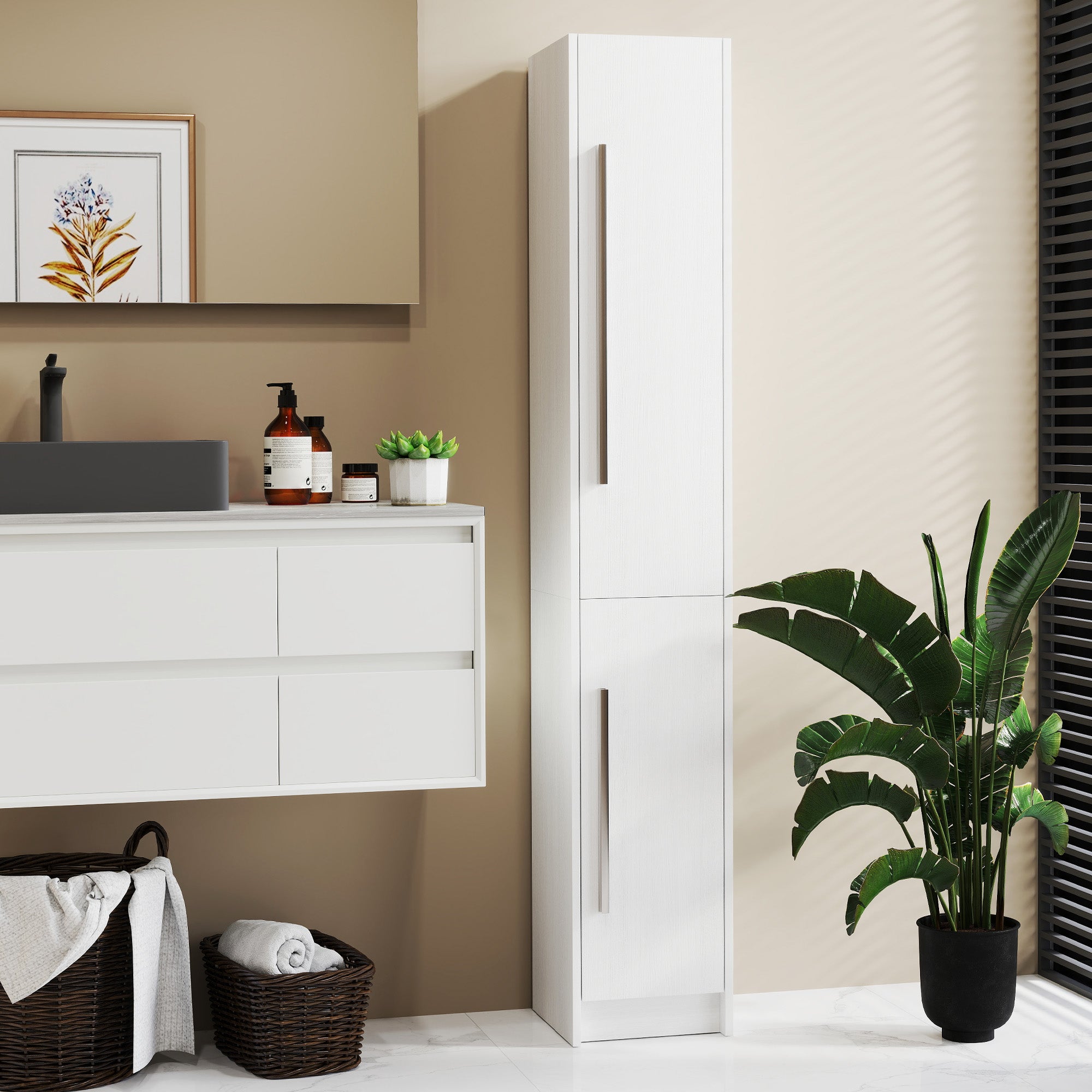 HOMCOM Tall Bathroom Storage Cabinet, Freestanding Narrow Storage Cabinet, Bathroom Floor Cabinet with 2 Doors, White Wood Grain