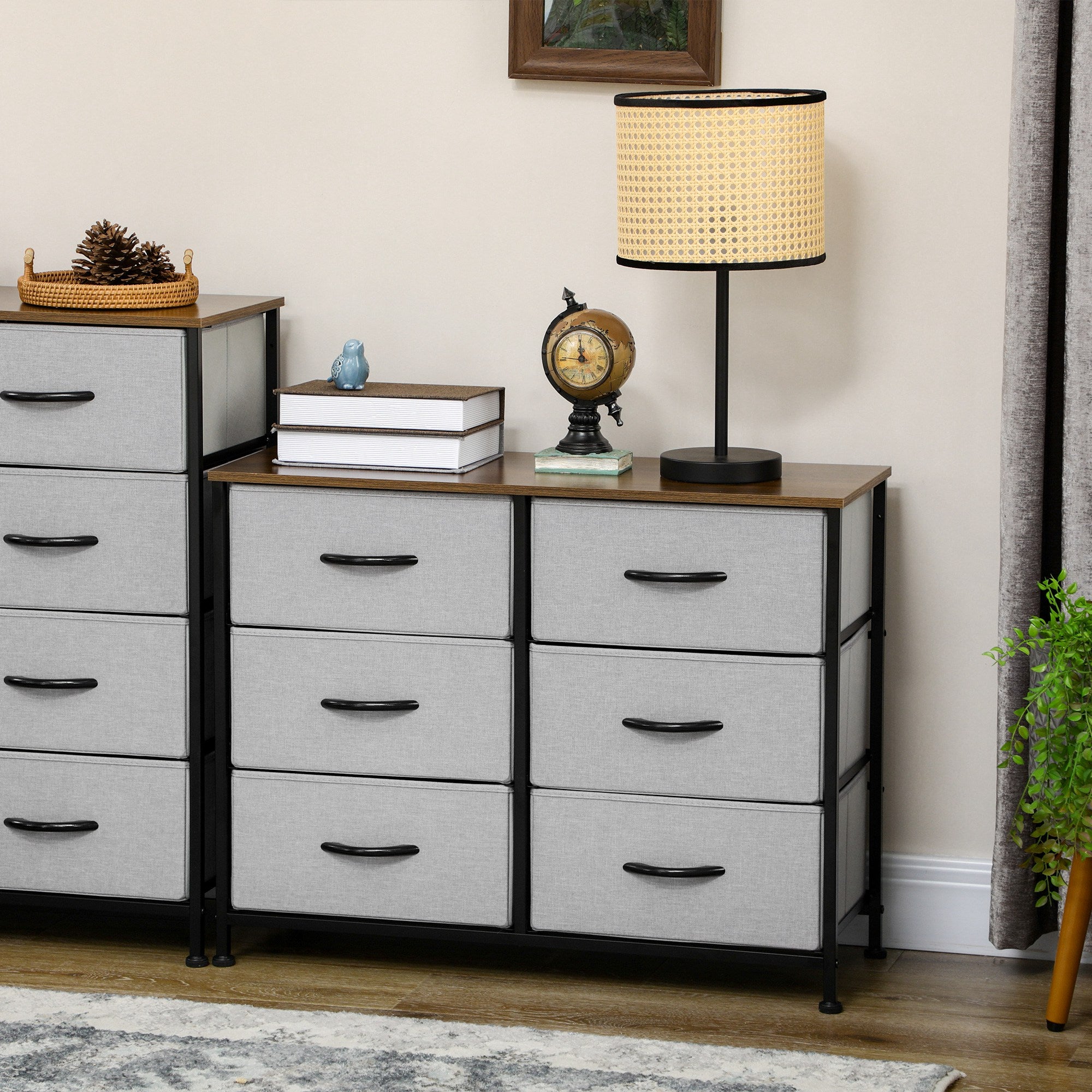 HOMCOM Fabric Chest of Drawers, Storage Drawers, Industrial Bedroom Dresser with 6 Fabric Drawers, Steel Frame and Wooden Top for Nursery, Living Room, Hallway, Grey