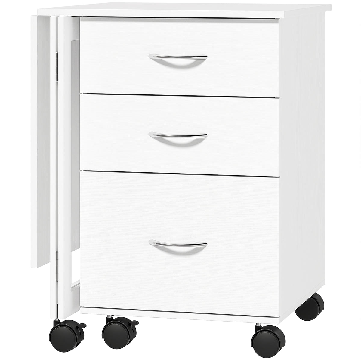 Foldable Computer Desk with 3 Drawers, Mobile Home Office Computer Table with 4 Lockable Wheels, Hanging Bars, Space Saving for Study, Home Office, White Wood Grain