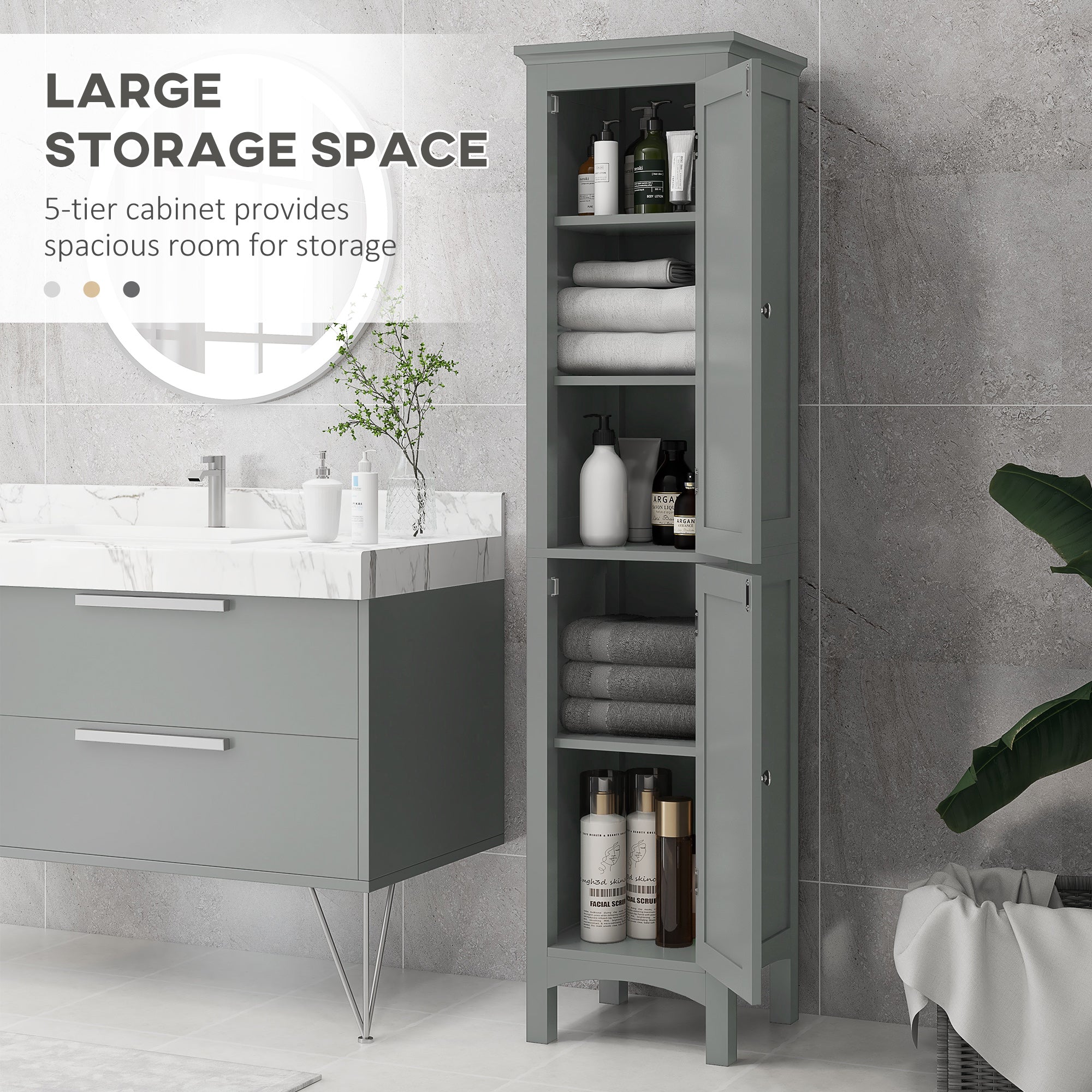 kleankin Bathroom Tall Cabinet, Freestanding Storage Organizer with Adjustable Shelves and 2 Doors, Grey