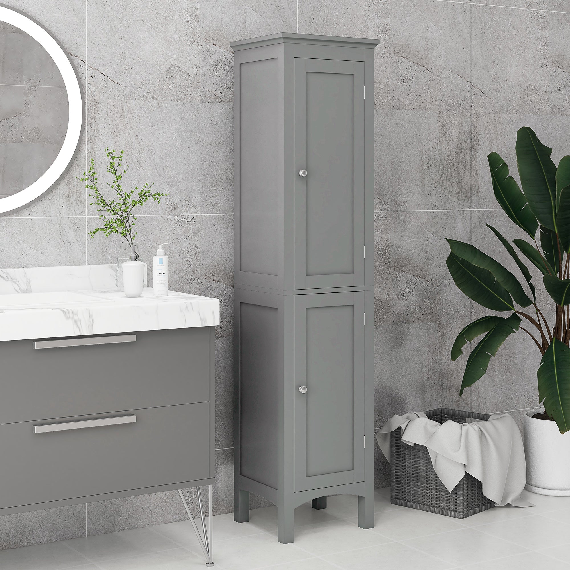 kleankin Bathroom Tall Cabinet, Freestanding Storage Organizer with Adjustable Shelves and 2 Doors, Grey