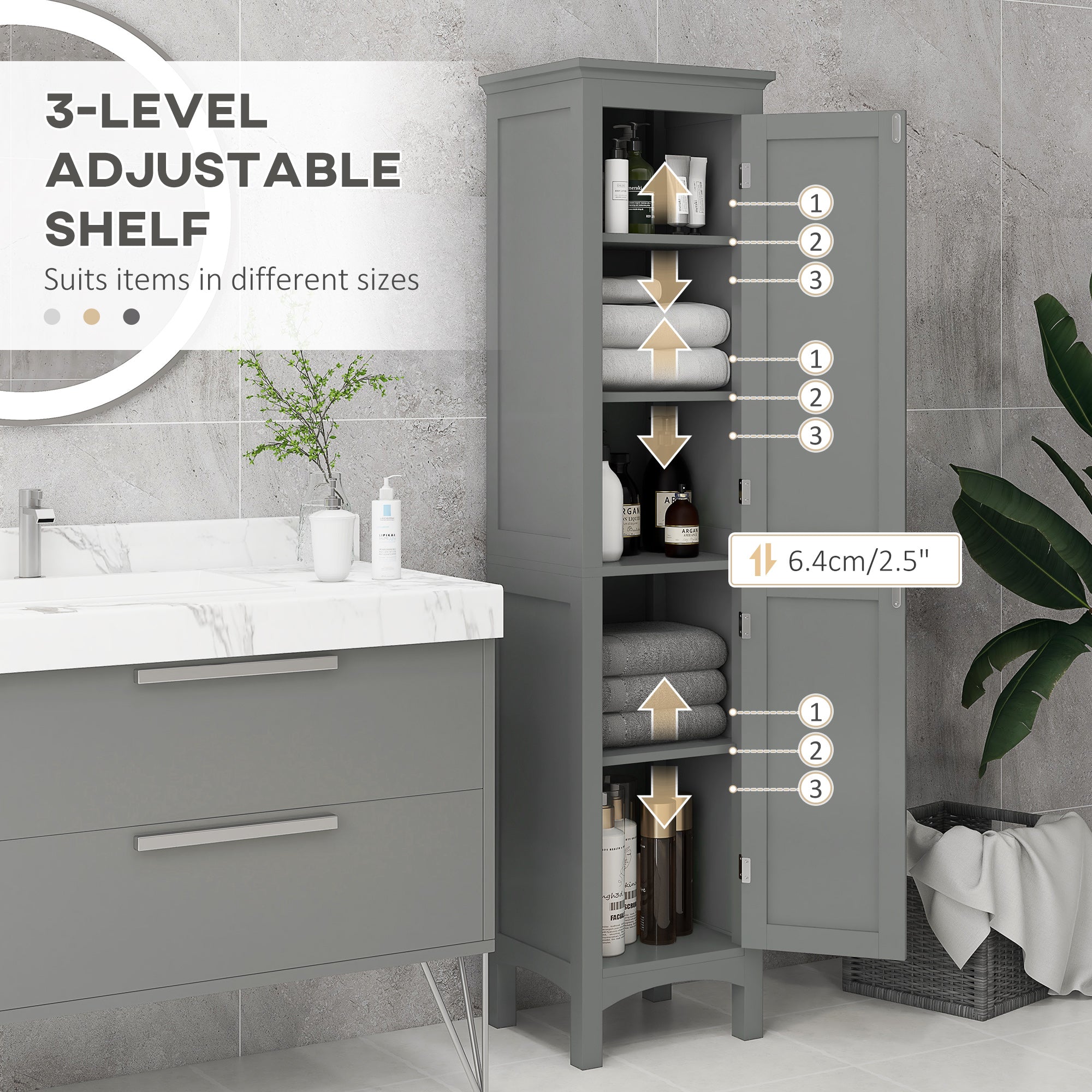 kleankin Bathroom Tall Cabinet, Freestanding Storage Organizer with Adjustable Shelves and 2 Doors, Grey