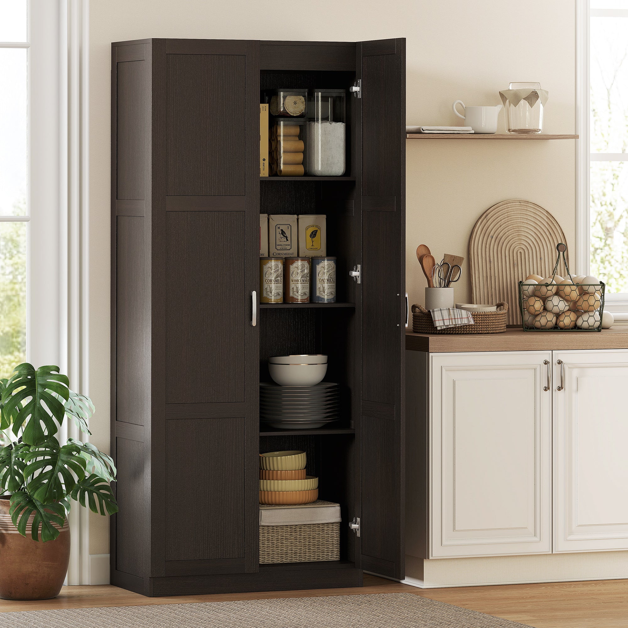 71" Tall Kitchen Pantry Cabinet with Soft-Close Hinges, Modern Farmhouse Freestanding Pantry Storage Cabinet with 2 Framed Doors, 4 Adjustable Shelves, Dark Brown