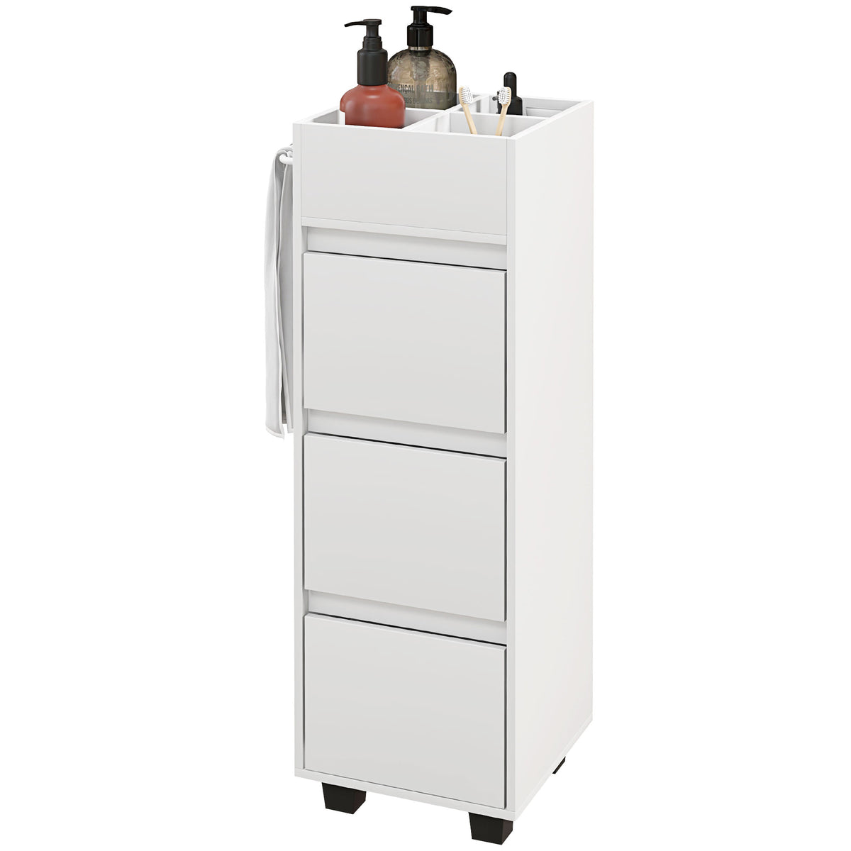 Slim Bathroom Cabinet, Bathroom Storage Cabinet with 4 Top Compartments, 3 Drawers & Towel Rack for Narrow Spaces, White