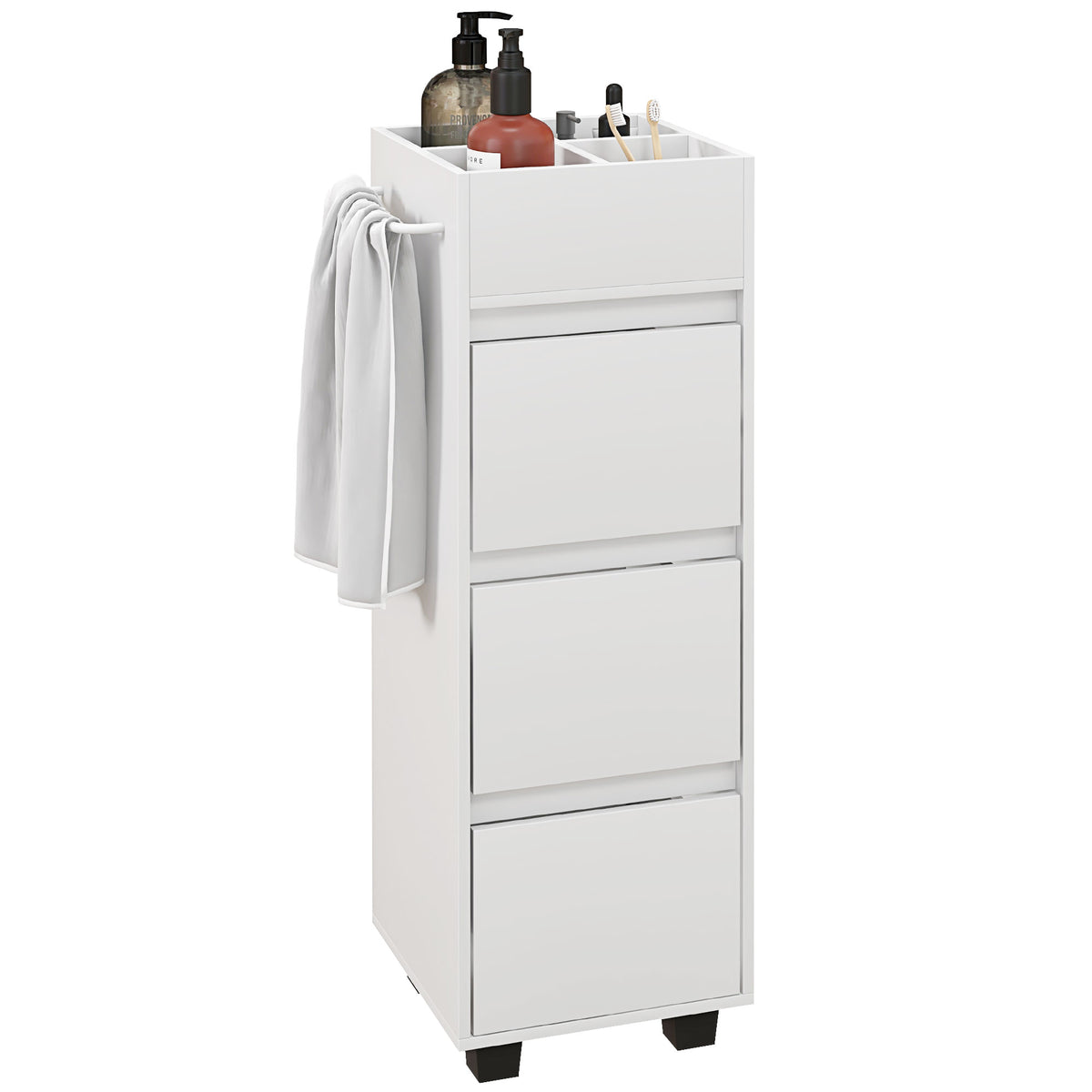 Slim Bathroom Cabinet, Bathroom Storage Cabinet with 4 Top Compartments, 3 Drawers & Towel Rack for Narrow Spaces, White