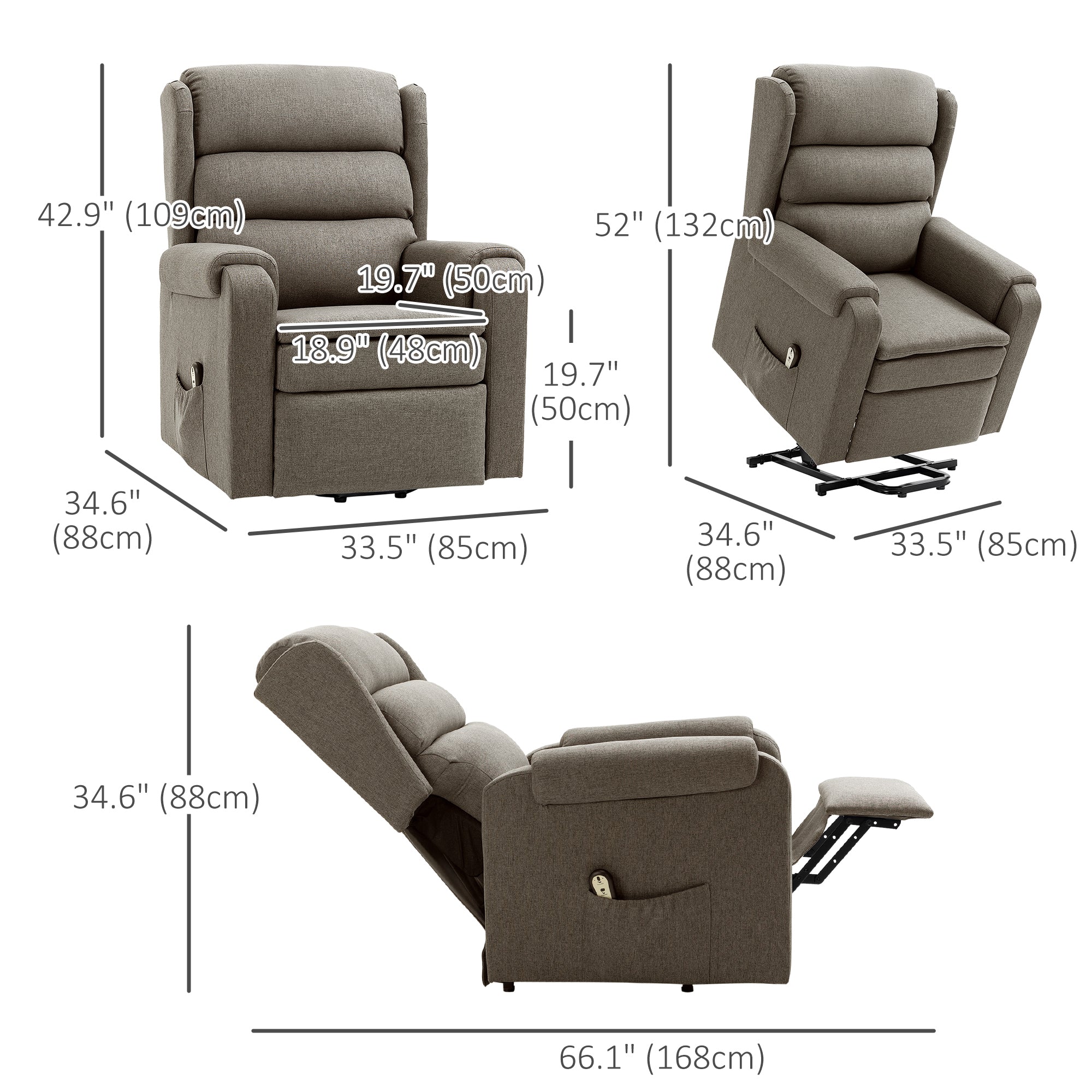 HOMCOM Power Lift Recliner Chair for Elderly, Fabric Electric Stand-Up Sofa, Heavy-Duty Reclining Chair with Pockets for Living Room, Brown