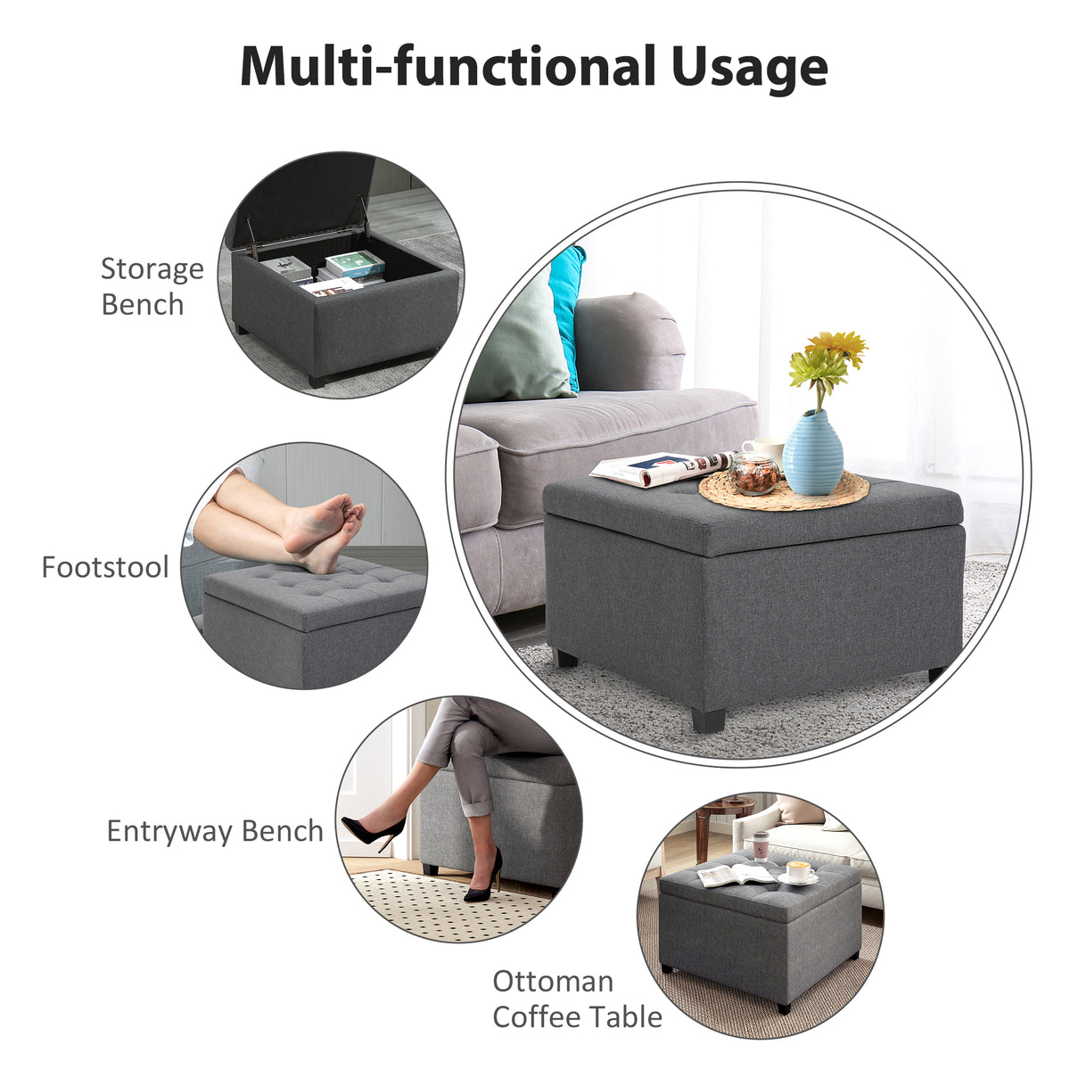 Linen-touch Tufted Storage Ottoman Upholstered Accent Bench Seat Cube Storage Box Footrest Stool, Dark Grey